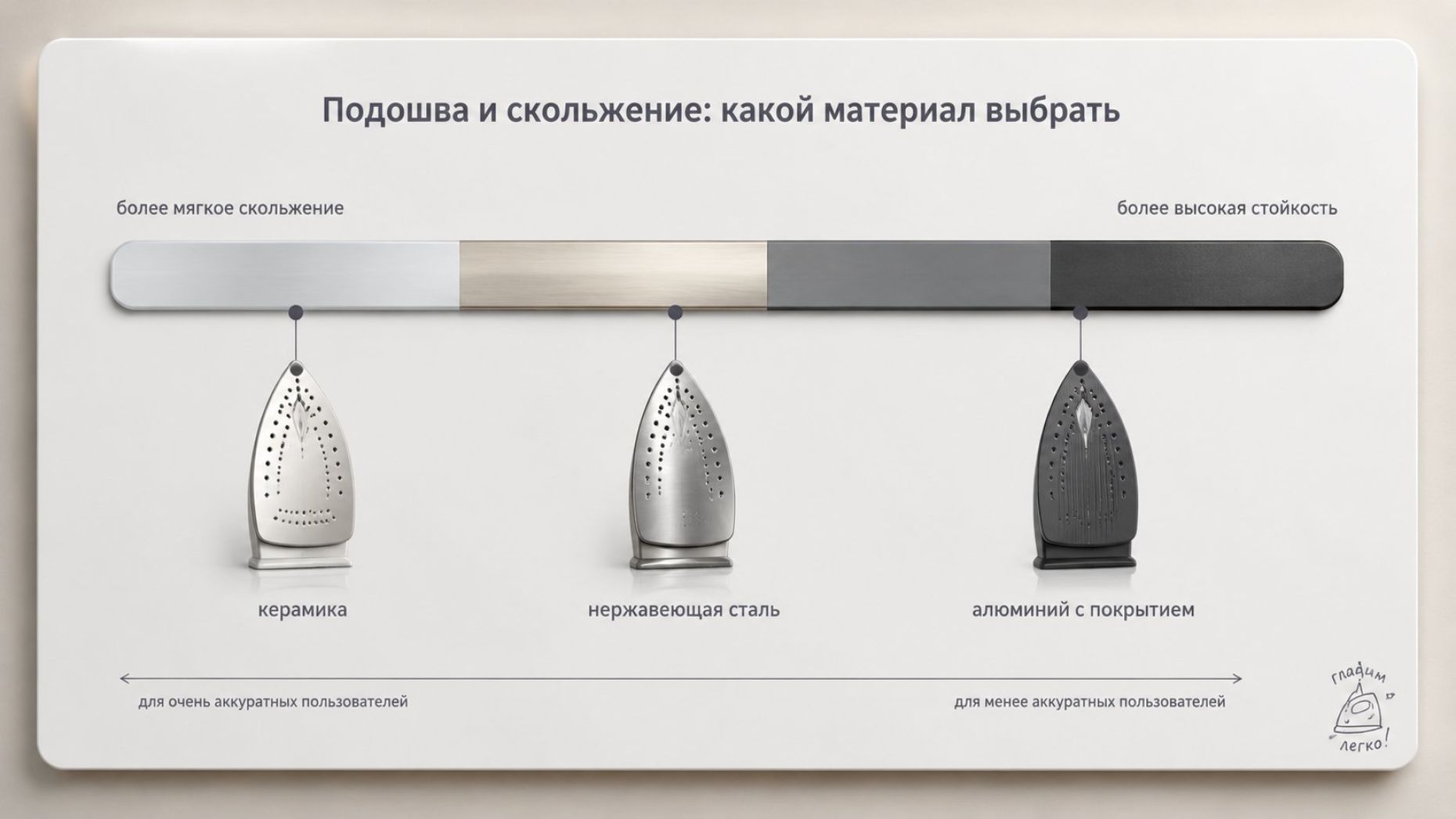 Инфографика в виде горизонтальной шкалы выбора материала подошвы утюга в зависимости от аккуратности пользователя. Слева мягкие материалы, справа — стойкие. Фон светлый