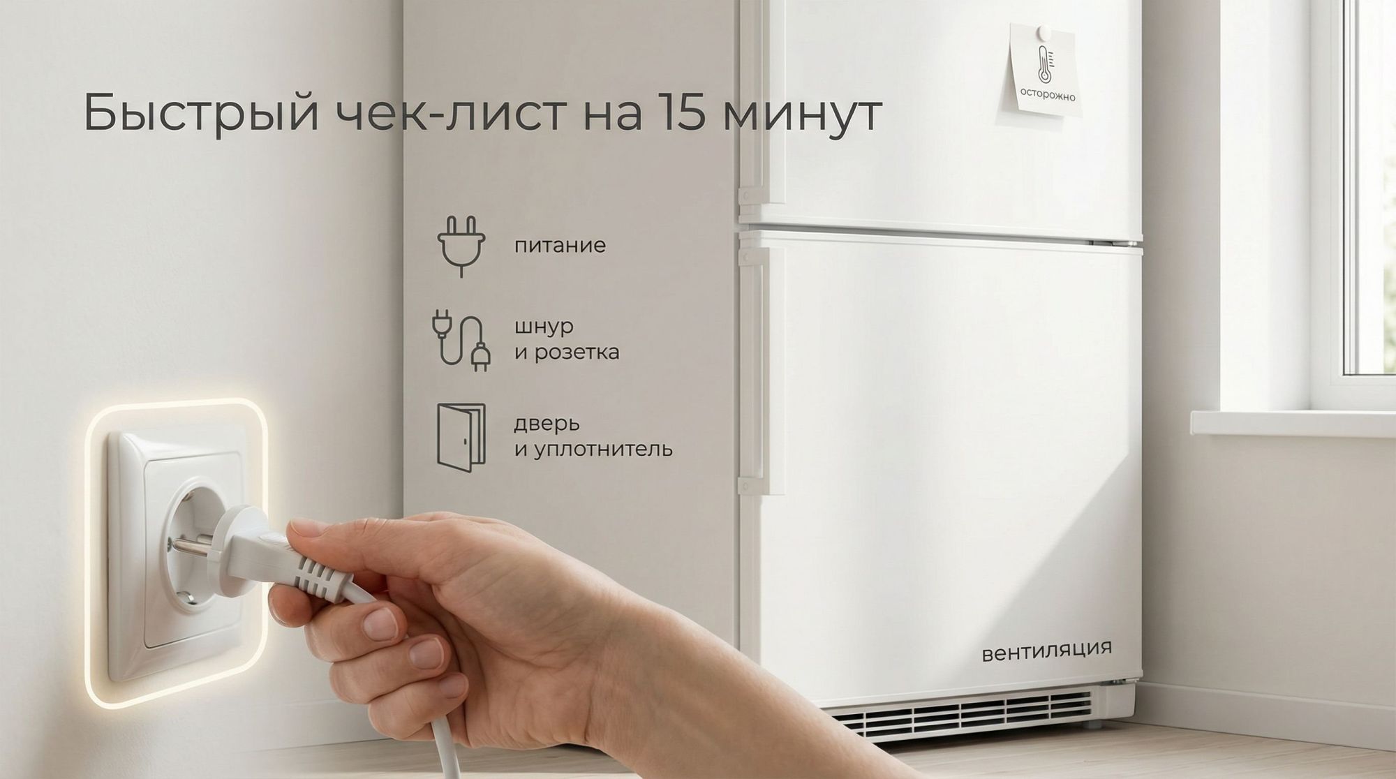 Современная светлая кухня в спокойных тонах, в центре — стандартный холодильник. На переднем плане крупно показана рука, вынимающая вилку холодильника из розетки, вокруг розетки