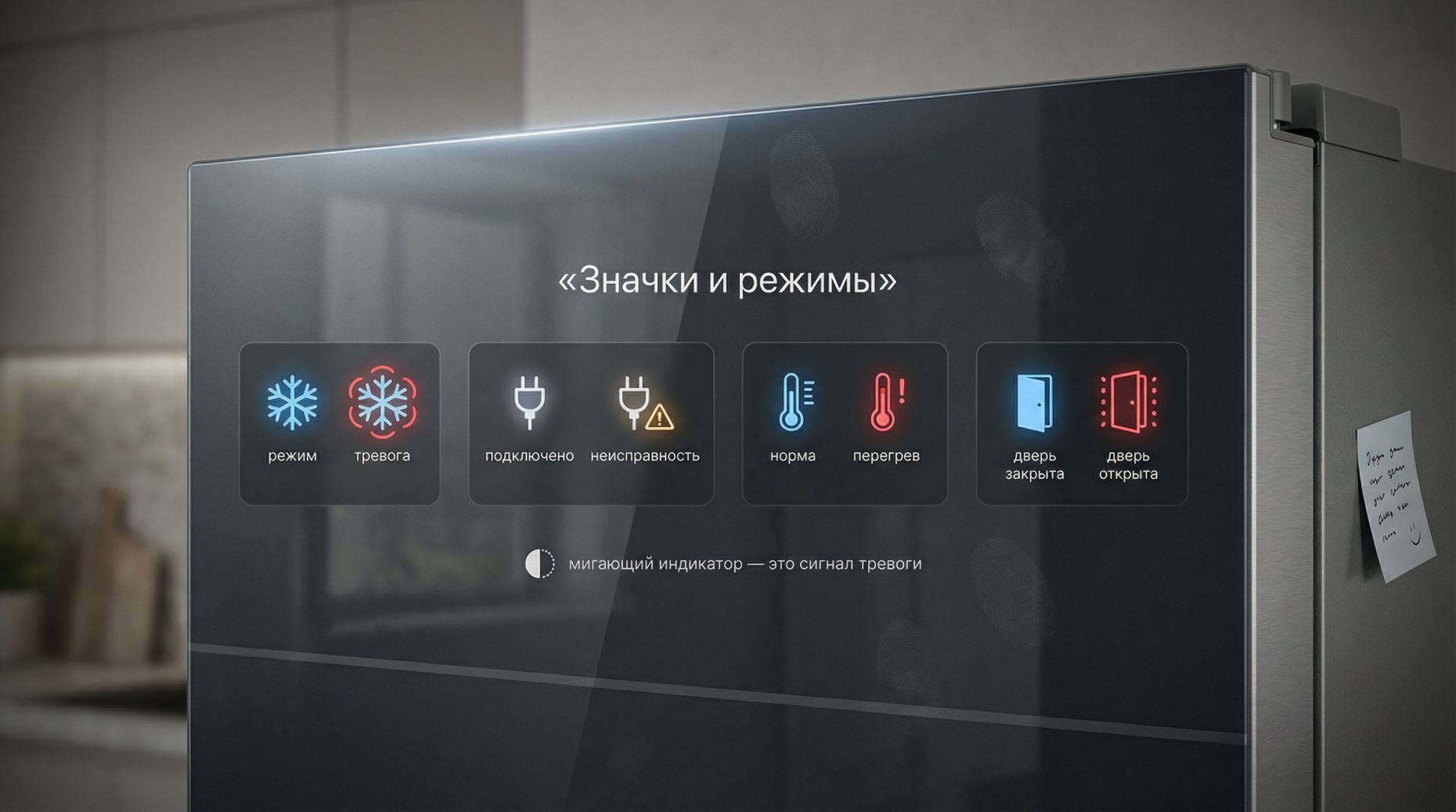 Современная передняя панель холодильника крупным планом, выполненная в аккуратном минималистичном стиле. На темной глянцевой панели виден упрощённый дисплей с несколькими чёткими