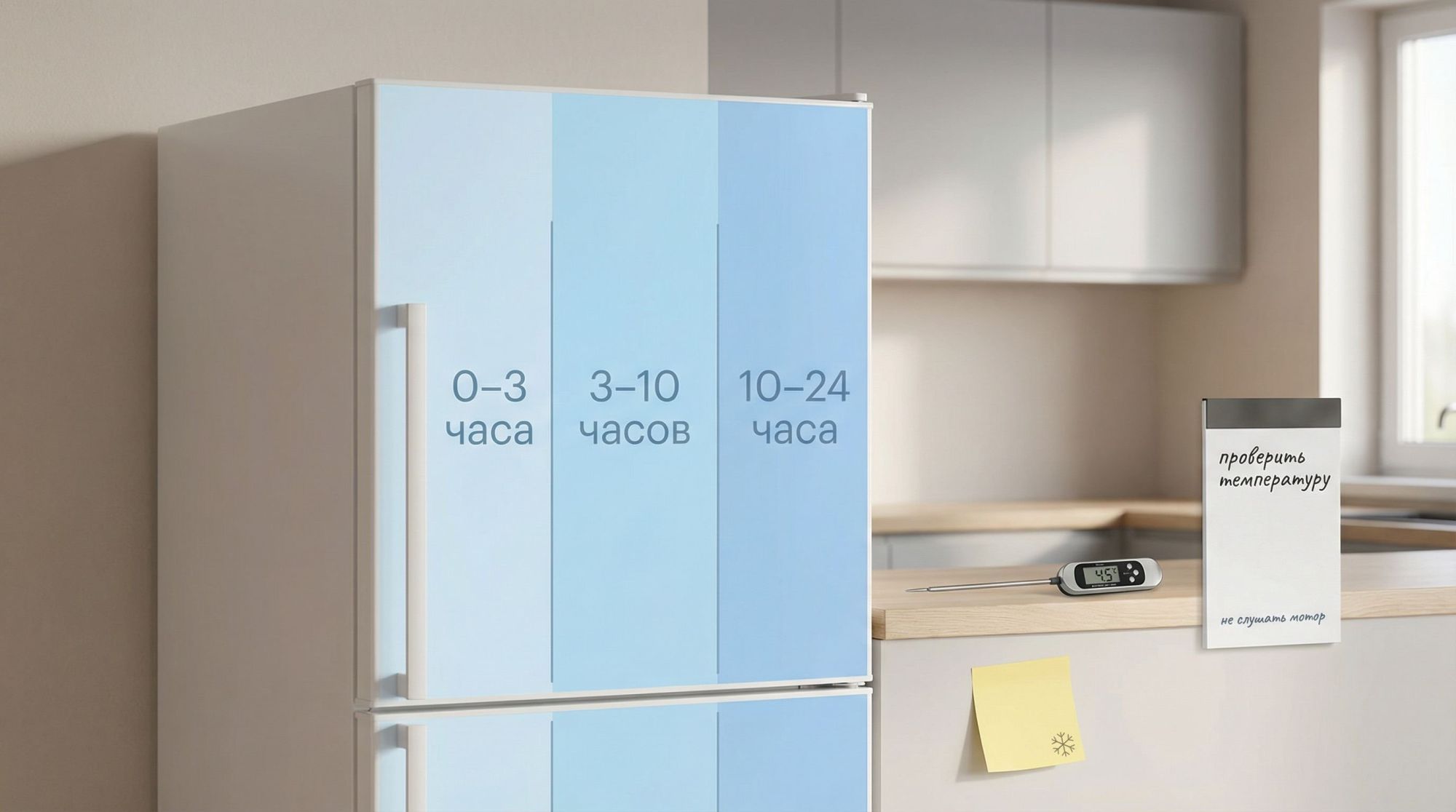 Современная кухня в мягких тонах, в центре — крупный белый холодильник. На дверце крупным, но аккуратным текстом слева вертикально: «0–3 часа», посередине: «3–10 часов», справа