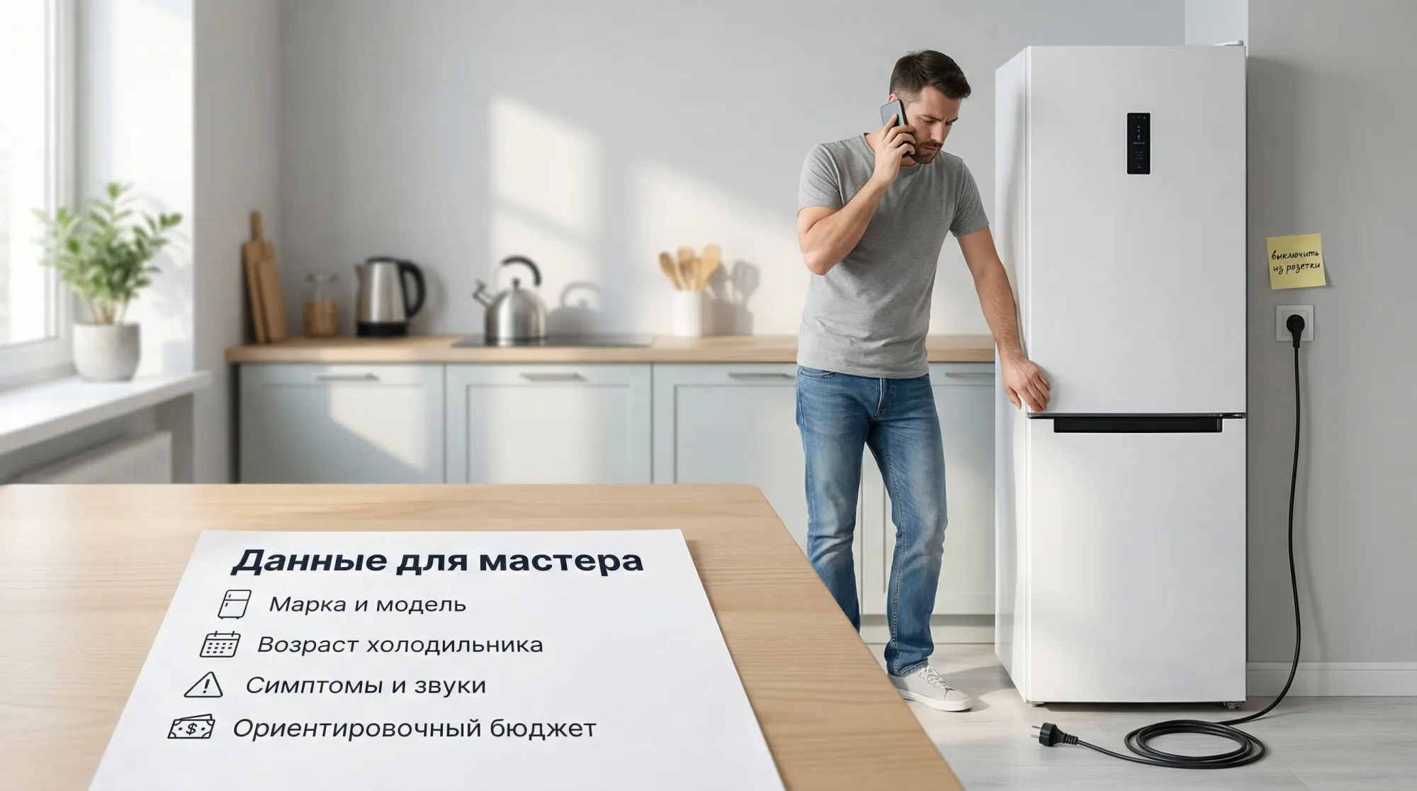 Современная аккуратная иллюстрация: хозяин квартиры стоит сбоку от отключённого холодильника и говорит по телефону с мастером. На переднем плане — листок бумаги на столе, на нём