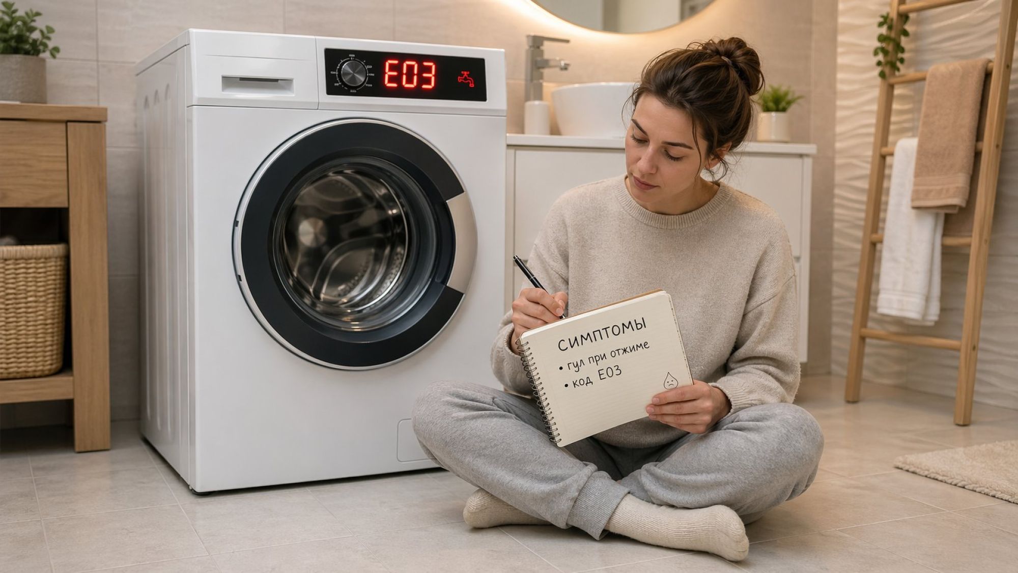 Современная стиральная машина в разрезе, показаны барабан, бак, сливной фильтр и шланг. Основной крупный вид спереди: слева виден круглый люк, через прозрачное стекло — барабан с