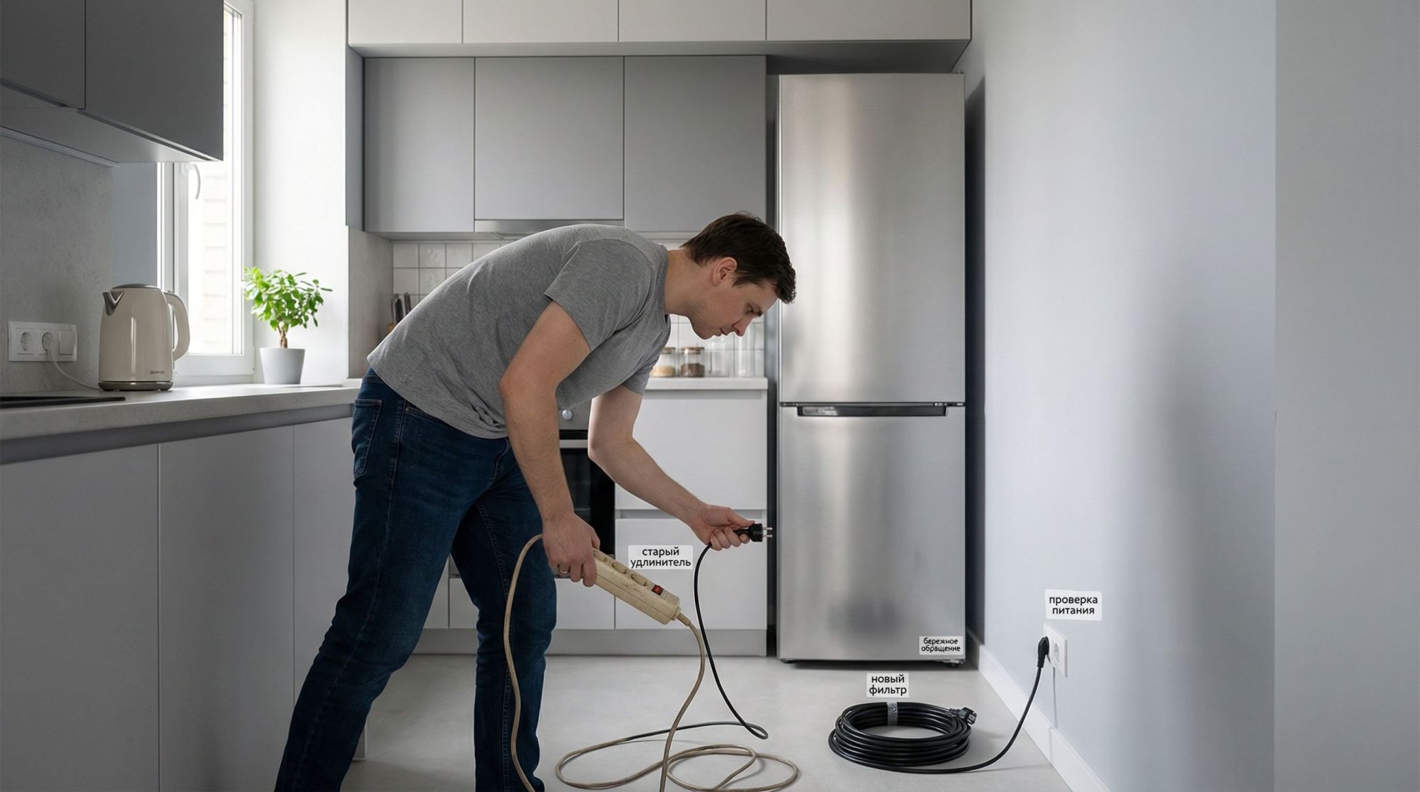 Современная аккуратная кухня в нейтральных тонах, в центре — только что подключённый после переезда холодильник. На переднем плане хозяин в простой одежде стоит полубоком, слегка