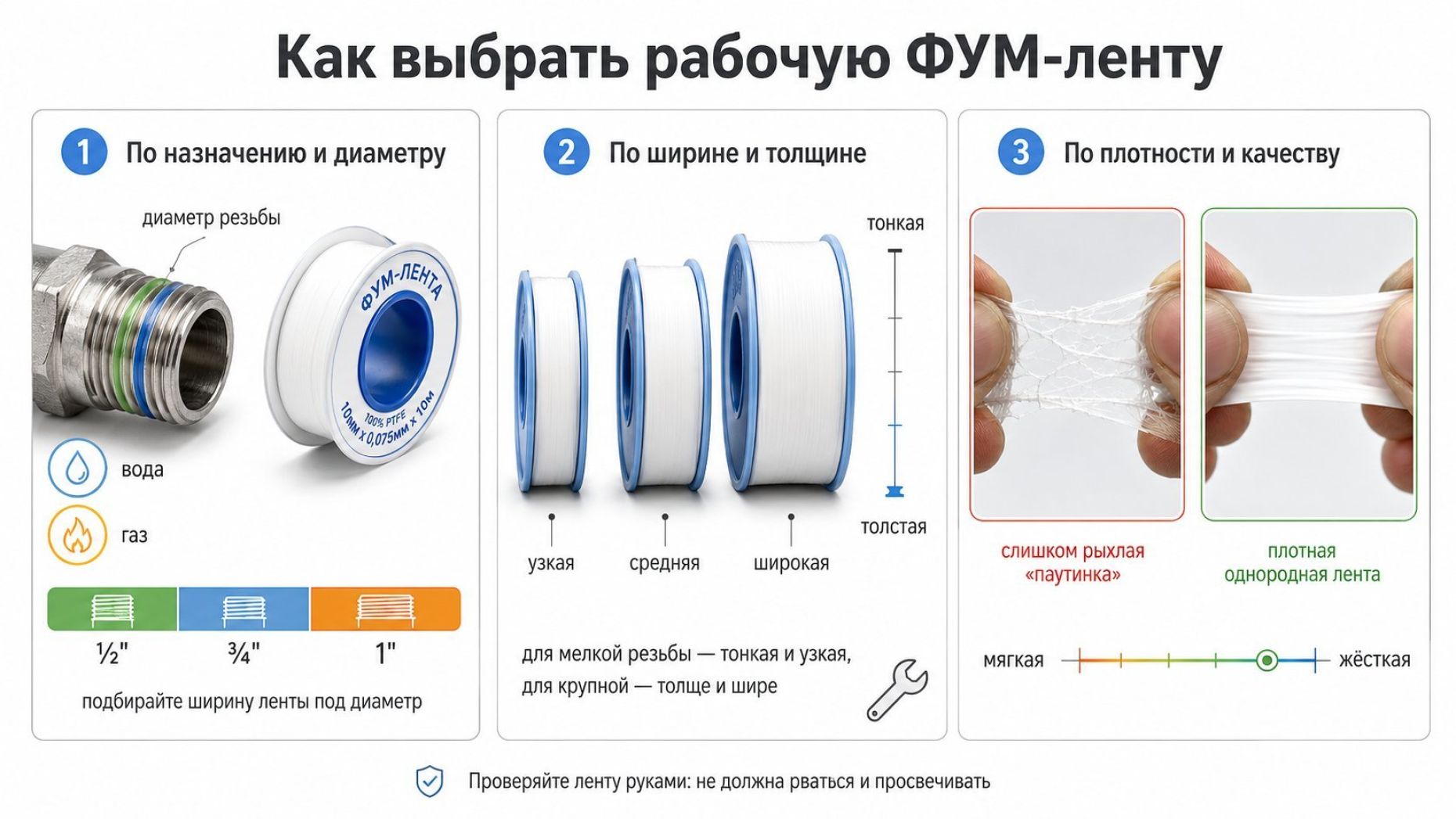 Горизонтальная инфографика на белом фоне в современном минималистичном стиле: три компактных блока выбора фум‑ленты, каждый с небольшой иллюстрацией рулона и резьбы. Вверху по