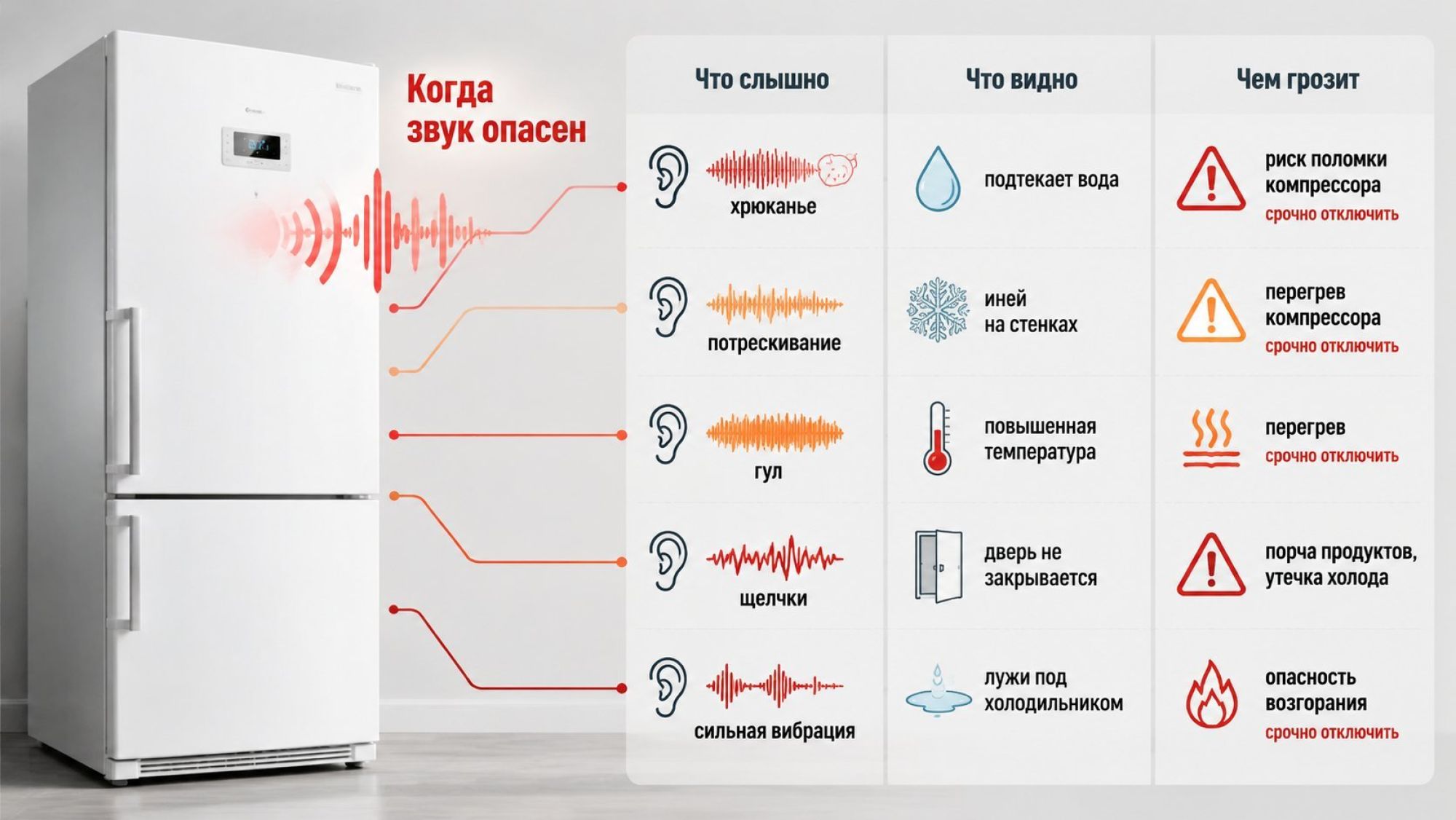 Инфографика в виде вертикального постера: слева крупный силуэт холодильника на светлом фоне, справа от него — три столбца с подписями «Что слышно», «Что видно», «Чем грозит». У