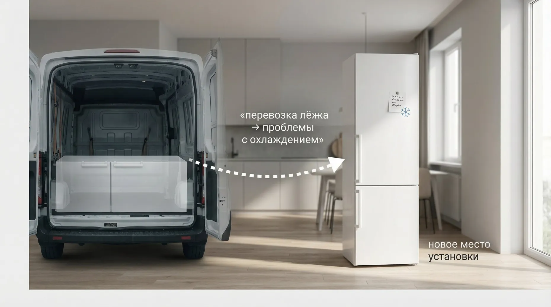 Современный холодильник в центре кадра, справа уже стоит вертикально на новом месте в квартире, слева полупрозрачной «призрачной» проекцией показан тот же холодильник, лежащим на