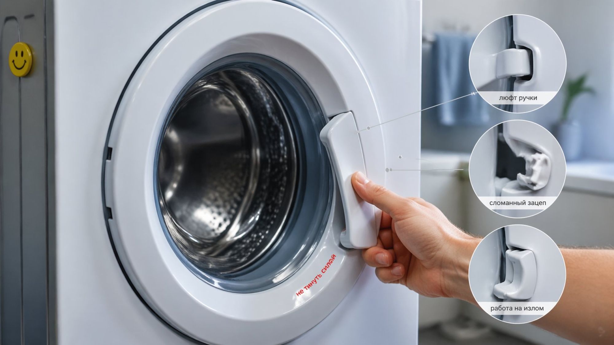 Полустороневая иллюстрация передней части стиральной машины крупным планом. В центре — дверца с прозрачным стеклом, акцент на ручке люка: она слегка оттянута вниз рукой человека