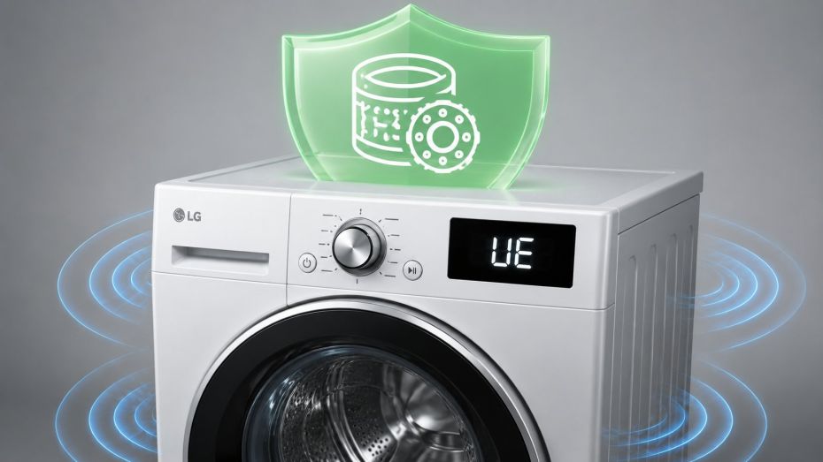 Современная стиральная машина LG в три четверти, на передней панели крупно светится код «UE» на простом прямоугольном дисплее. Вокруг машины схематичные мягкие вибрационные волны