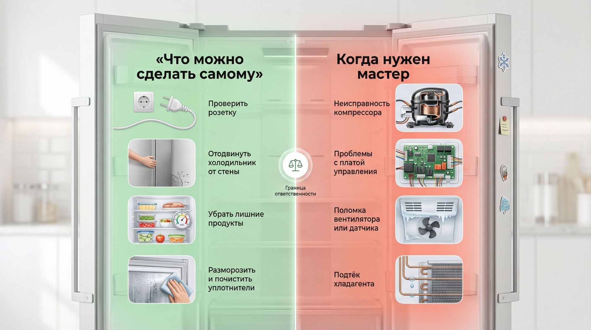 Инфографика в виде вертикально разделенного холодильника, занимающая почти весь кадр. Слева большая колонка с мягким зеленым фоном и заголовком наверху крупным текстом: «Что можно