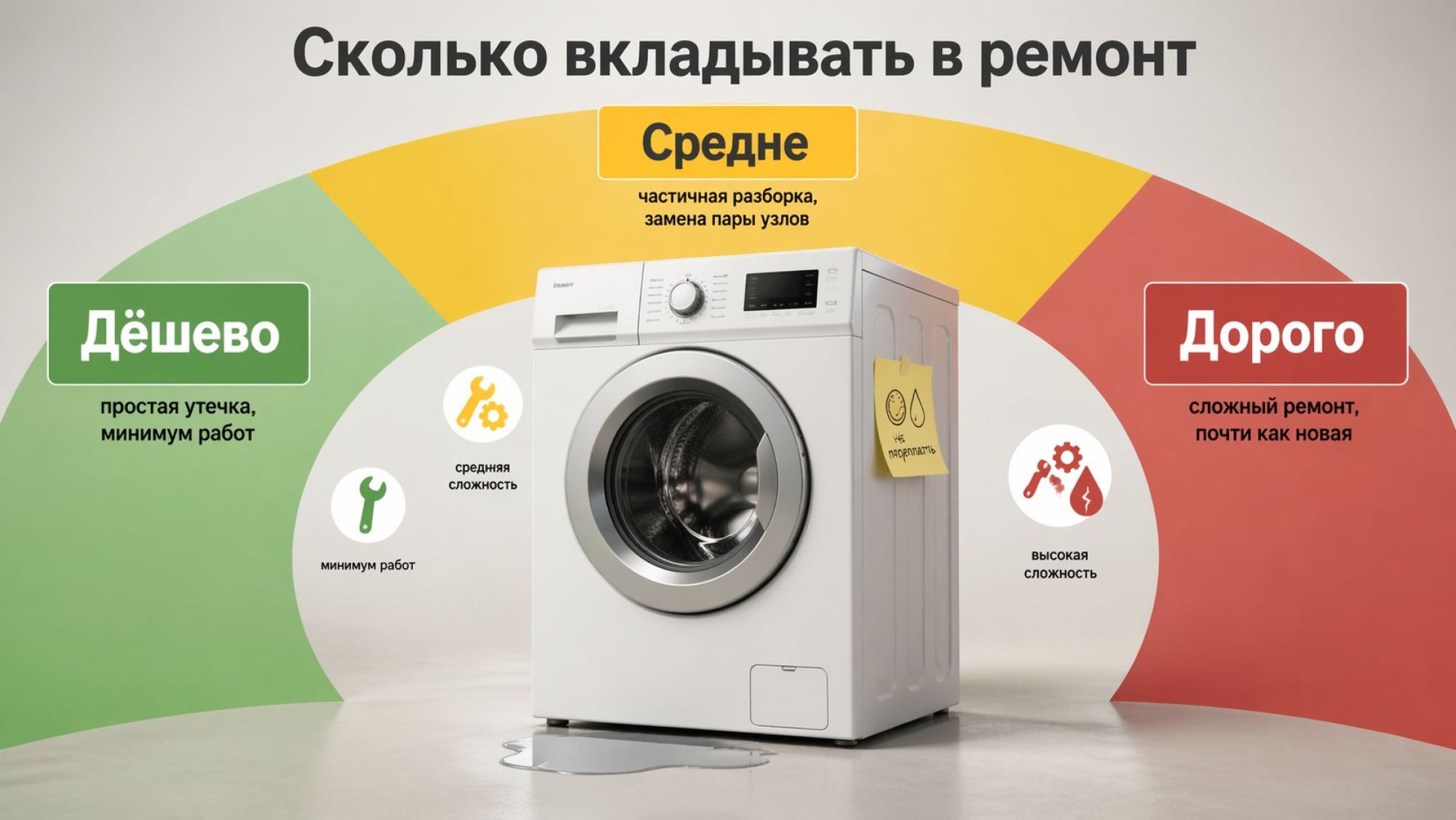 Инфографика в современном минималистичном стиле: стиральная машина в центре, вокруг три крупные цветные зоны‑коридора по кругу или полукругом, каждая отвечает за уровень затрат