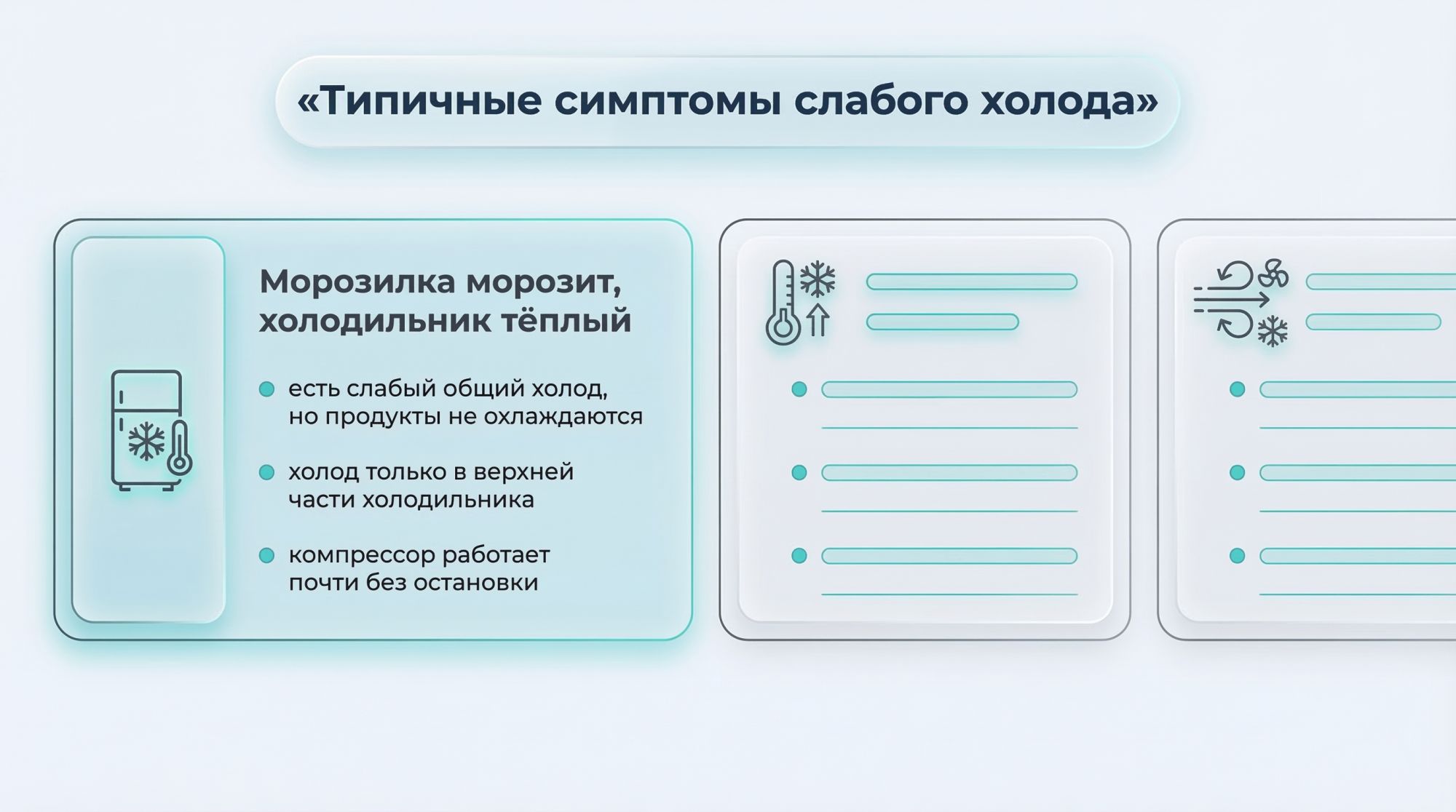 Горизонтальная схема-чек‑лист из трёх карточек, каждая — типичная ситуация из группы «нет холода или слабый холод». Вверху по центру общий заголовок: «Типичные симптомы слабого