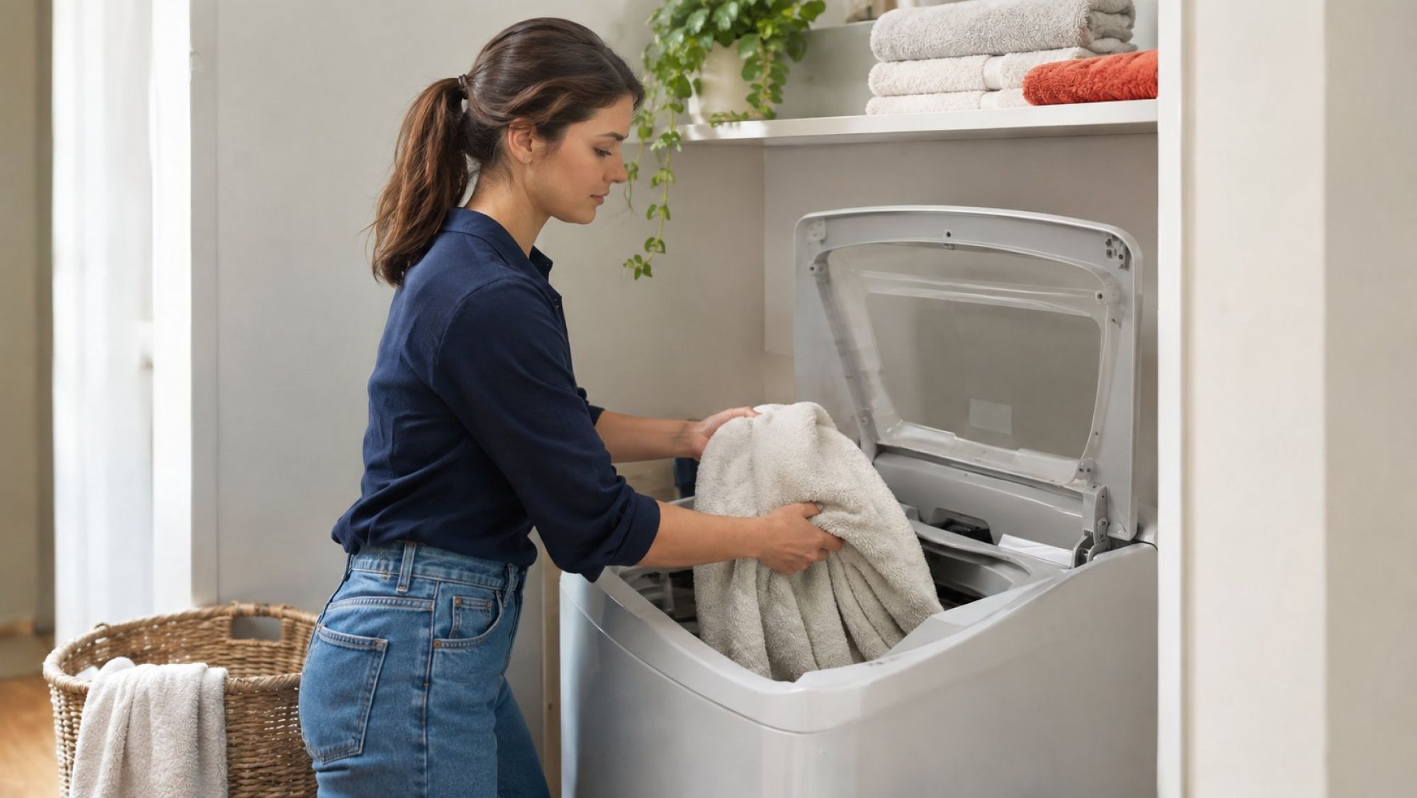 Реалистичная clean product-style сцена в светлой ванной или постирочной: стиральная машина с вертикальной загрузкой стоит в нише, наружная крышка полностью поднята, внутри видны