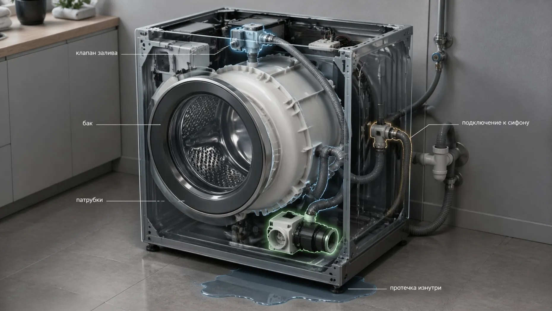 Изометрический срез корпуса стиральной машины без верхней крышки: виден пластиковый бак, вокруг него толстые серые патрубки, помпа, электромагнитный клапан залива сверху с