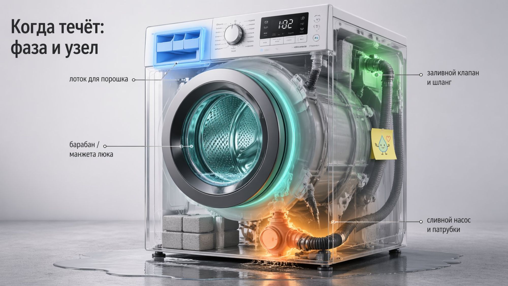 Современная стиральная машина в разрезе, показанная сбоку, на ней полупрозрачный корпус. Слева сверху крупная надпись: «Когда течёт: фаза и узел». Внутри машины схематично