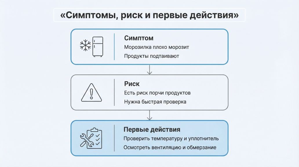 Плоская инфографика в виде вертикальной схемы «симптом → риск → первое действие». Фон светлый, элементы крупные, читаемые. Сверху заголовок крупным шрифтом по центру: «Симптомы