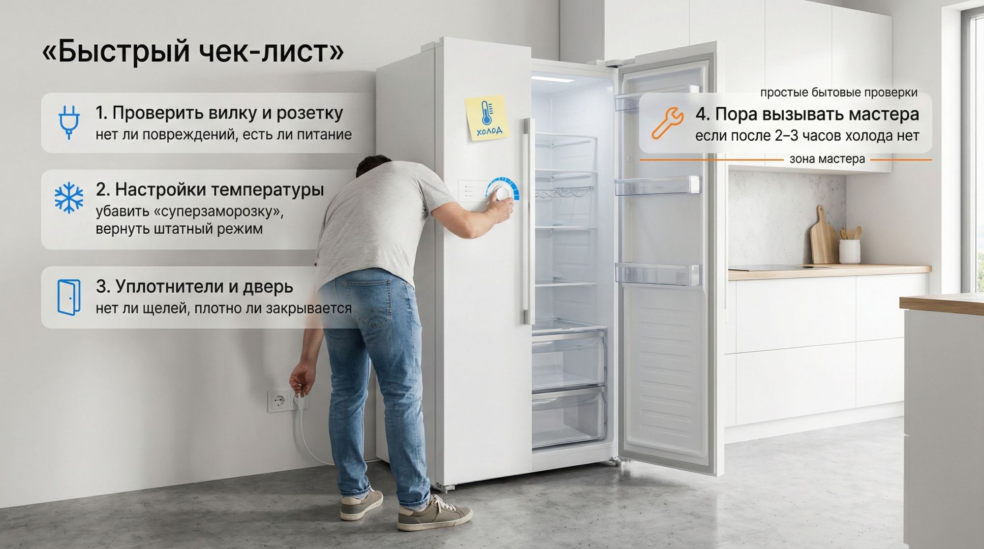 Широкая вертикальная иллюстрация в современном минималистичном стиле: вид сбоку на холодильник в реальной кухне, но поверх сцены наложен крупный визуальный чек‑лист. Слева внизу