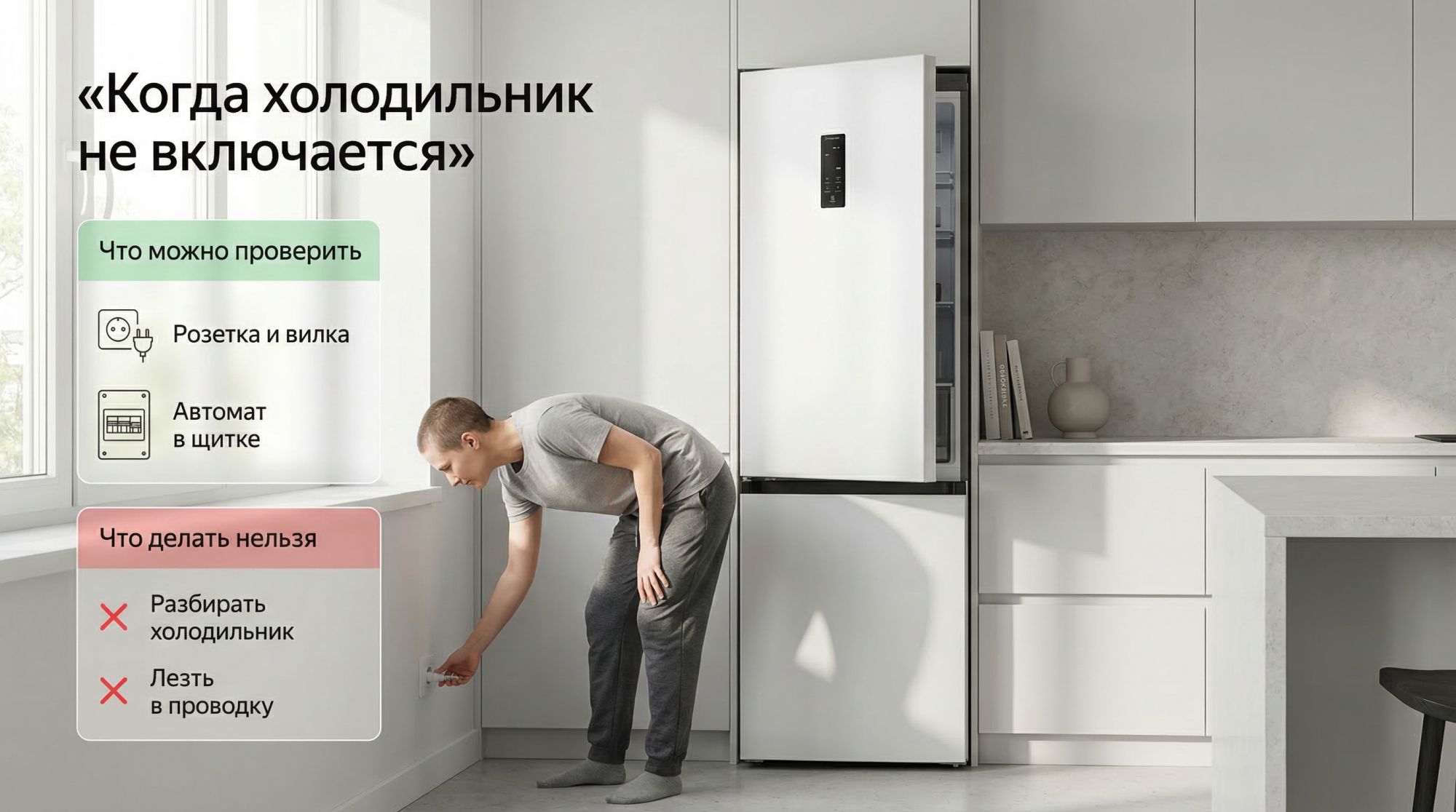 Современная аккуратная кухня в нейтральных тонах, в центре — высокий белый холодильник, явно «мертвый»: на его панели нет огней, внутри через приоткрытую дверцу не горит лампочка