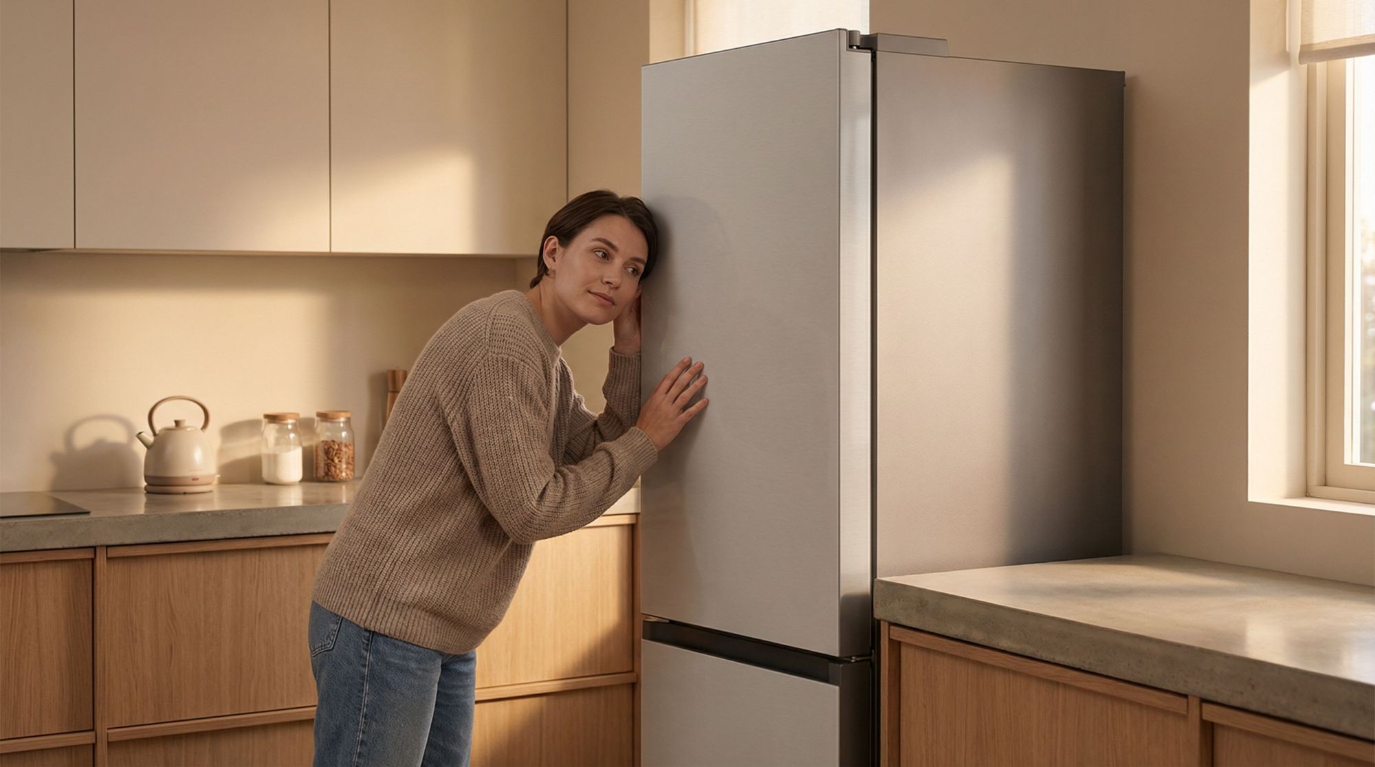 Современная кухня в мягких нейтральных тонах, главный акцент — высокий отдельностоящий холодильник крупным планом. В левой части сцены человек в домашней одежде (полуфигура) стоит