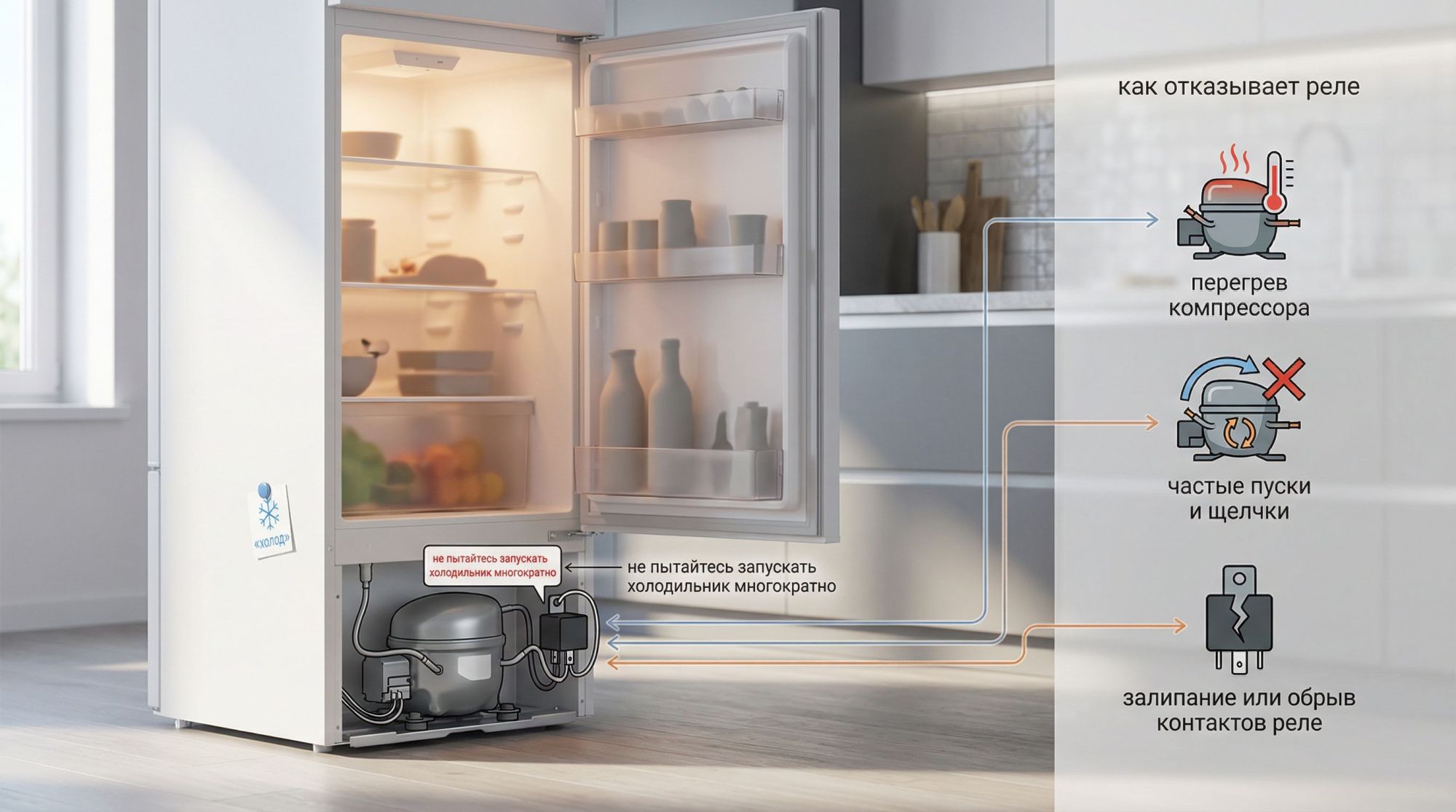 Полуреалистичная схема-сцена «как отказывает реле» сбоку от открытого холодильника. Слева виден сам холодильник в интерьере кухни, дверца чуть приоткрыта, внутри горит лампочка