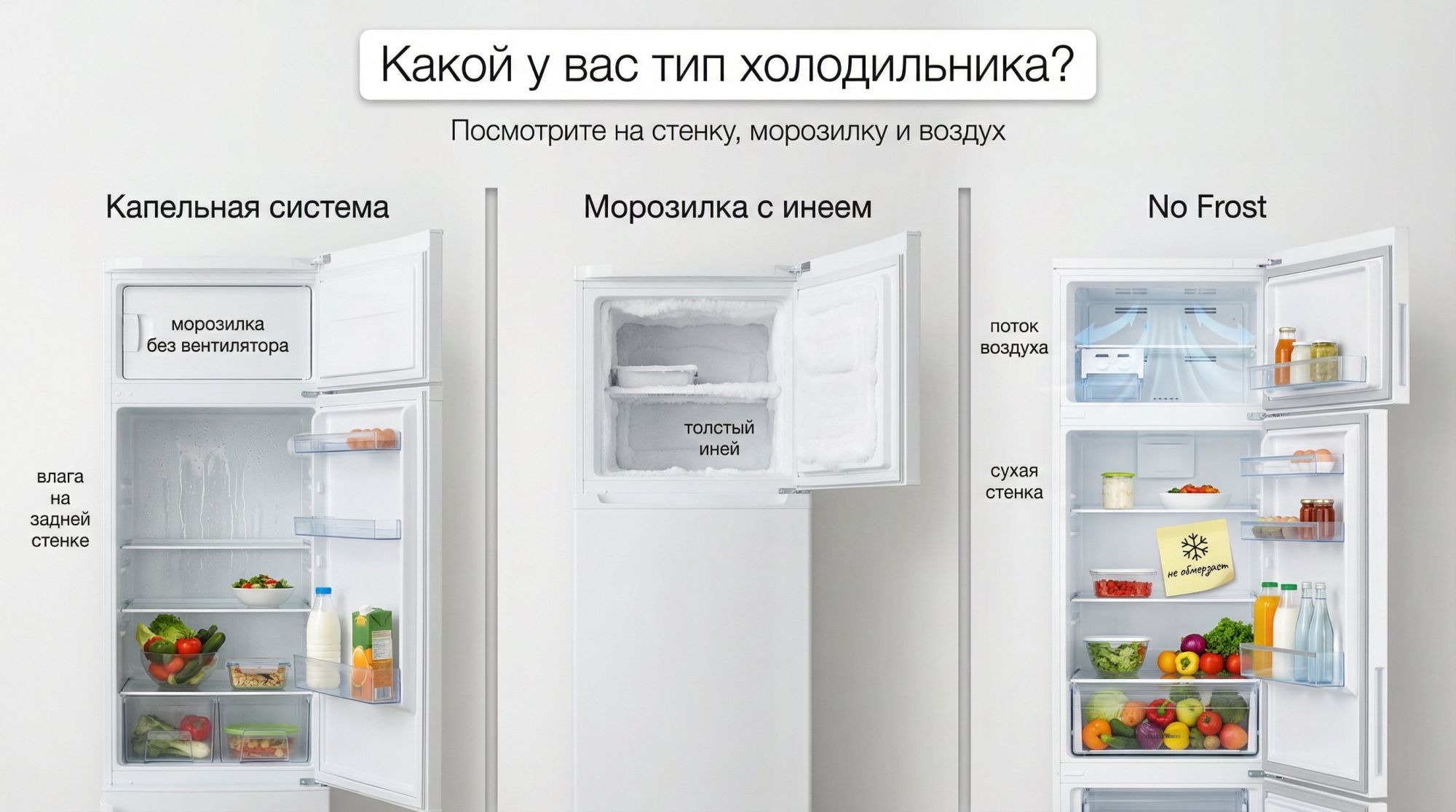 Горизонтальная иллюстрация-комикс из трёх вертикальных колонок, помогающая определить тип холодильника. Вверху крупный общий заголовок по центру: «Какой у вас тип холодильника?»
