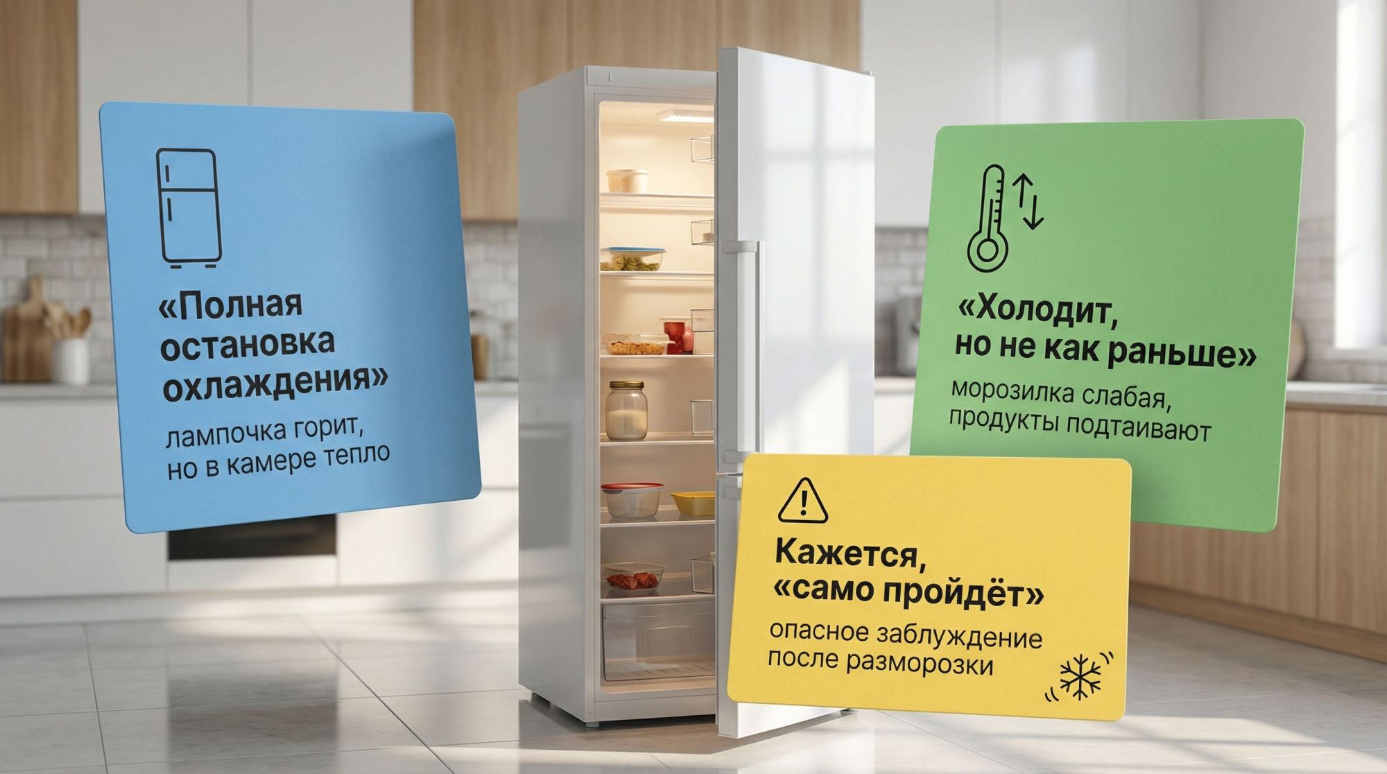 Современная кухня, на переднем плане холодильник, дверь чуть приоткрыта. Внутри видно свет, но полки почти пустые. Вокруг холодильника три крупные цветные карточки‑«сценария»