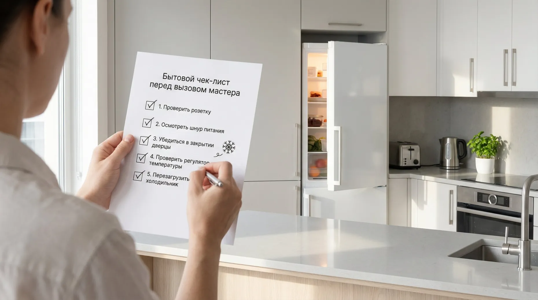 Современная светлая кухня в нейтральных тонах, в центре — обычный двухкамерный холодильник. На переднем плане крупно показан человек с блокнотом-чек‑листом в руках: лист формата