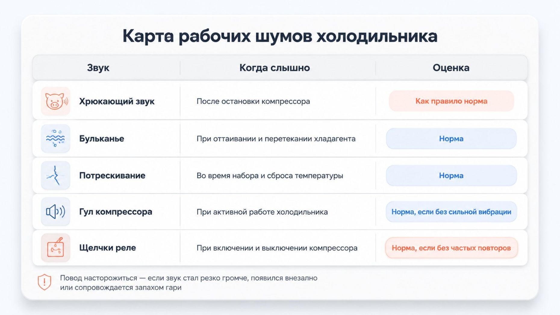 Вертикальная схема «Карта рабочих шумов», стилизованная под таблицу, разбитую на строки звуков. Вверху крупный заголовок: «Карта рабочих шумов холодильника». Под ним три небольших