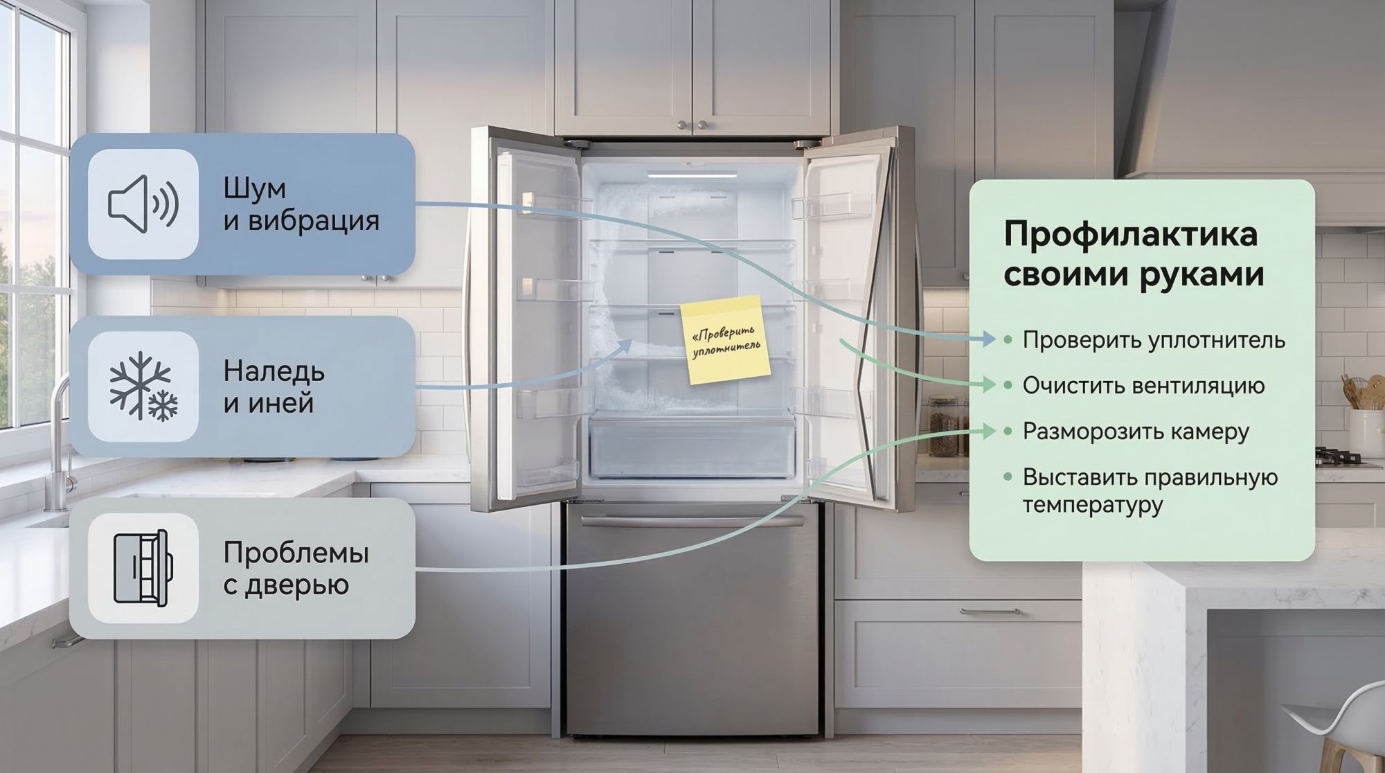 Современная аккуратная кухня в нейтральных тонах, в центре — открытый наполовину холодильник в легкой перспективе. Вокруг него условно, но понятно показаны три основные проблемы и