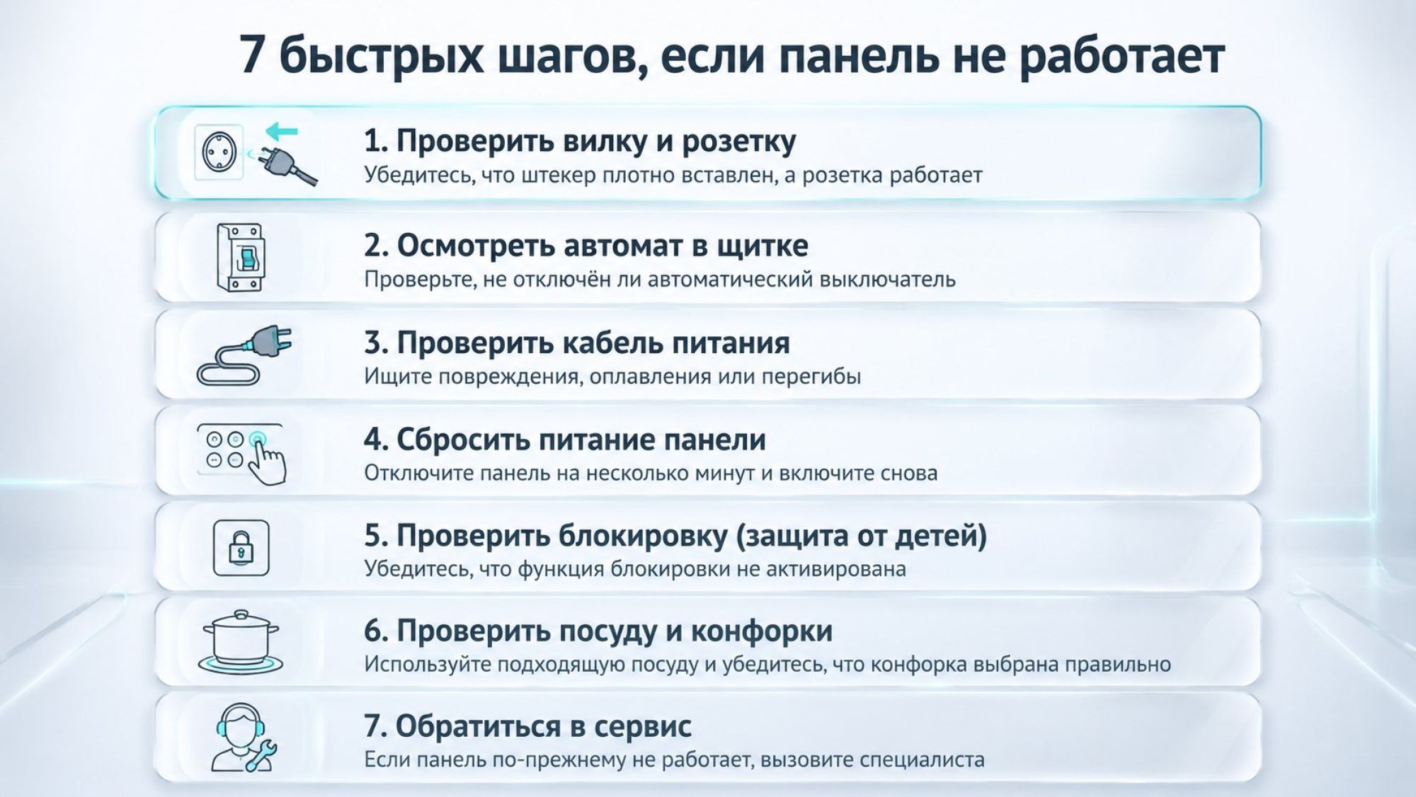 Вертикальная инфографика‑чеклист из семи пронумерованных шагов, каждый в виде горизонтальной карточки с небольшой иконкой слева и текстом справа. Заголовок сверху по центру: «7