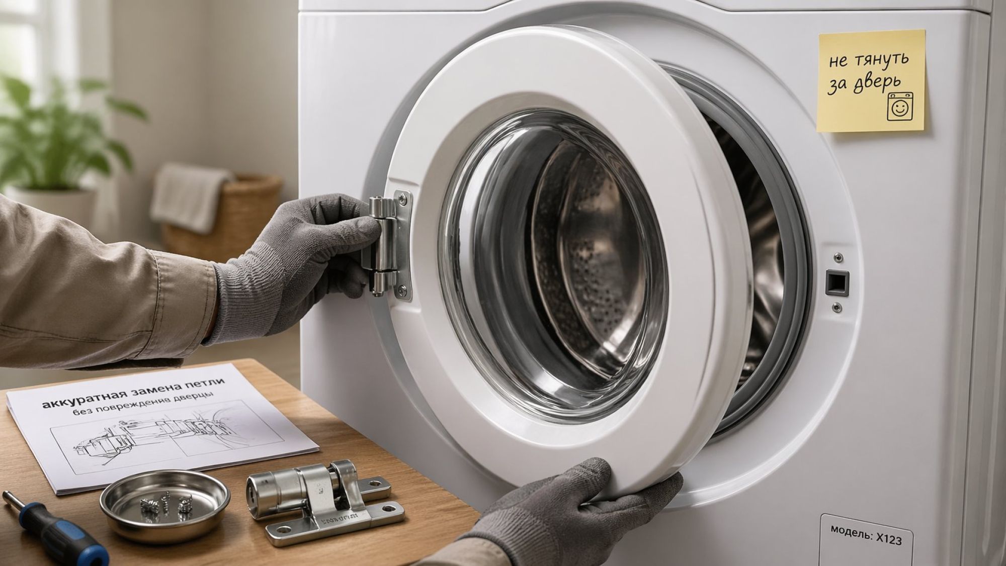 Современная стиральная машина в легком трёхчетвертном ракурсе, дверца фронтального люка широко открыта. На переднем плане — руки человека в рабочих перчатках аккуратно
