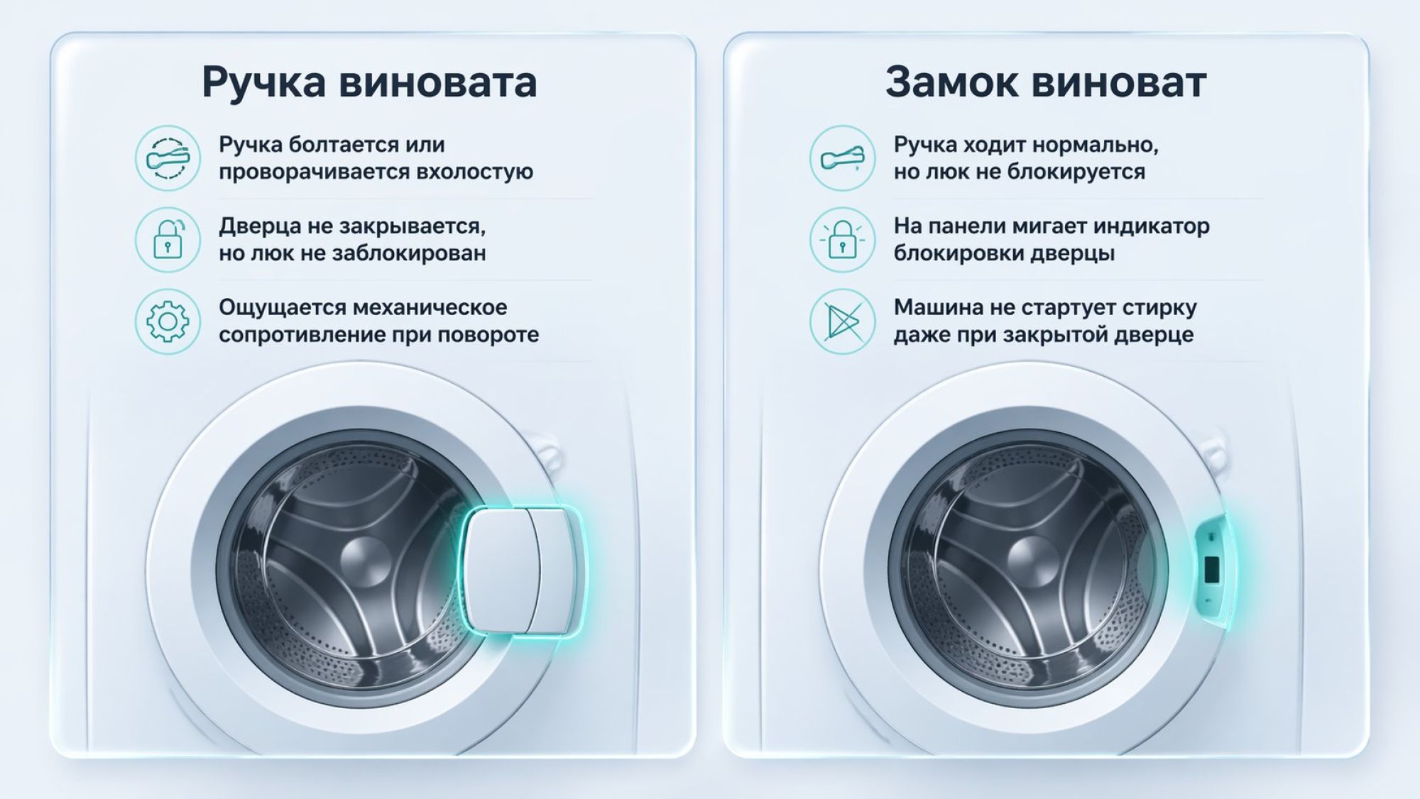 Горизонтально разделённый пополам кадр с стилизованным изображением дверцы фронтальной стиральной машины крупным планом. Слева блок «Ручка виновата», справа блок «Замок виноват»