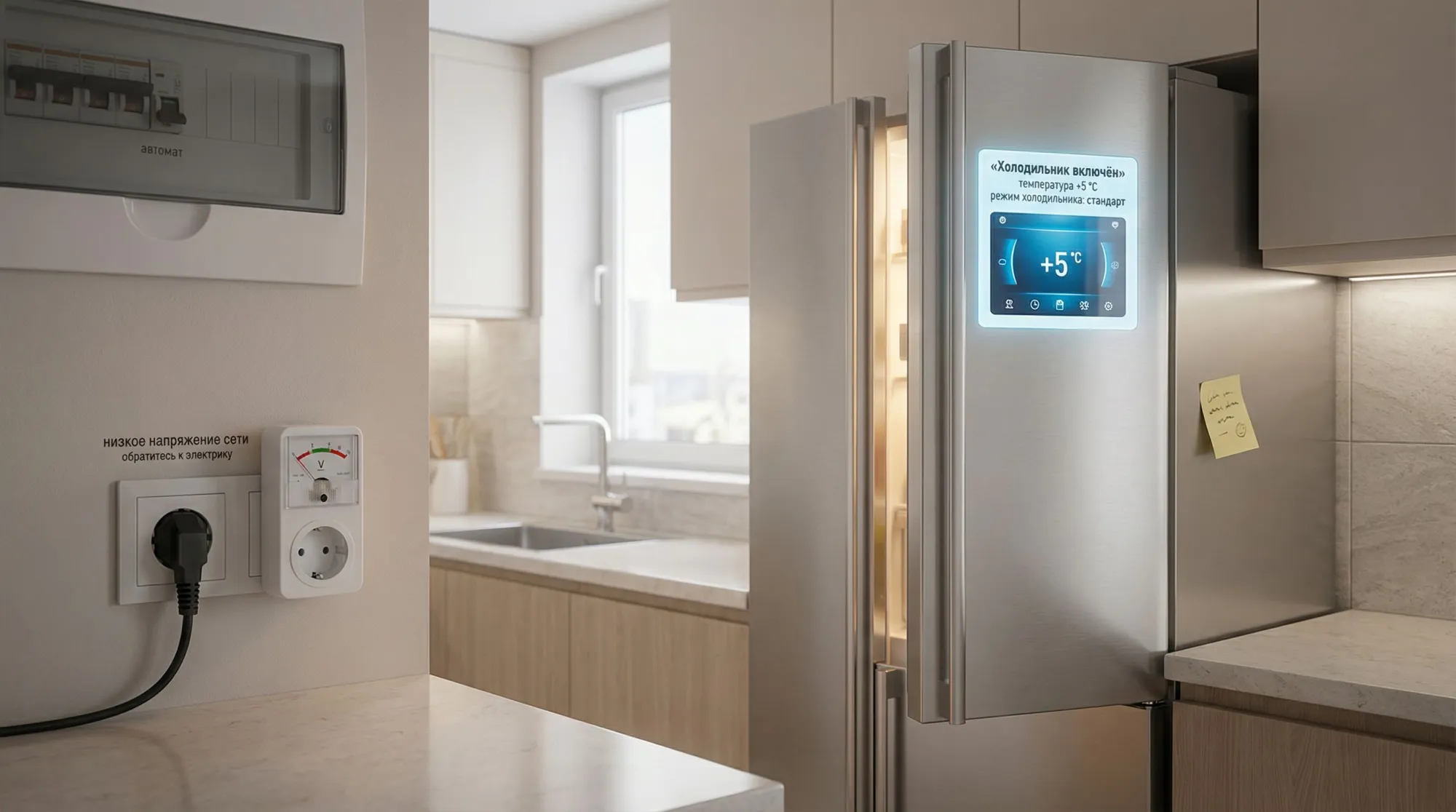 Горизонтальная сцена современной кухни в спокойных тонах. Справа — холодильник с включённым ярким дисплеем на двери: на дисплее крупная надпись «Холодильник включён», под ней