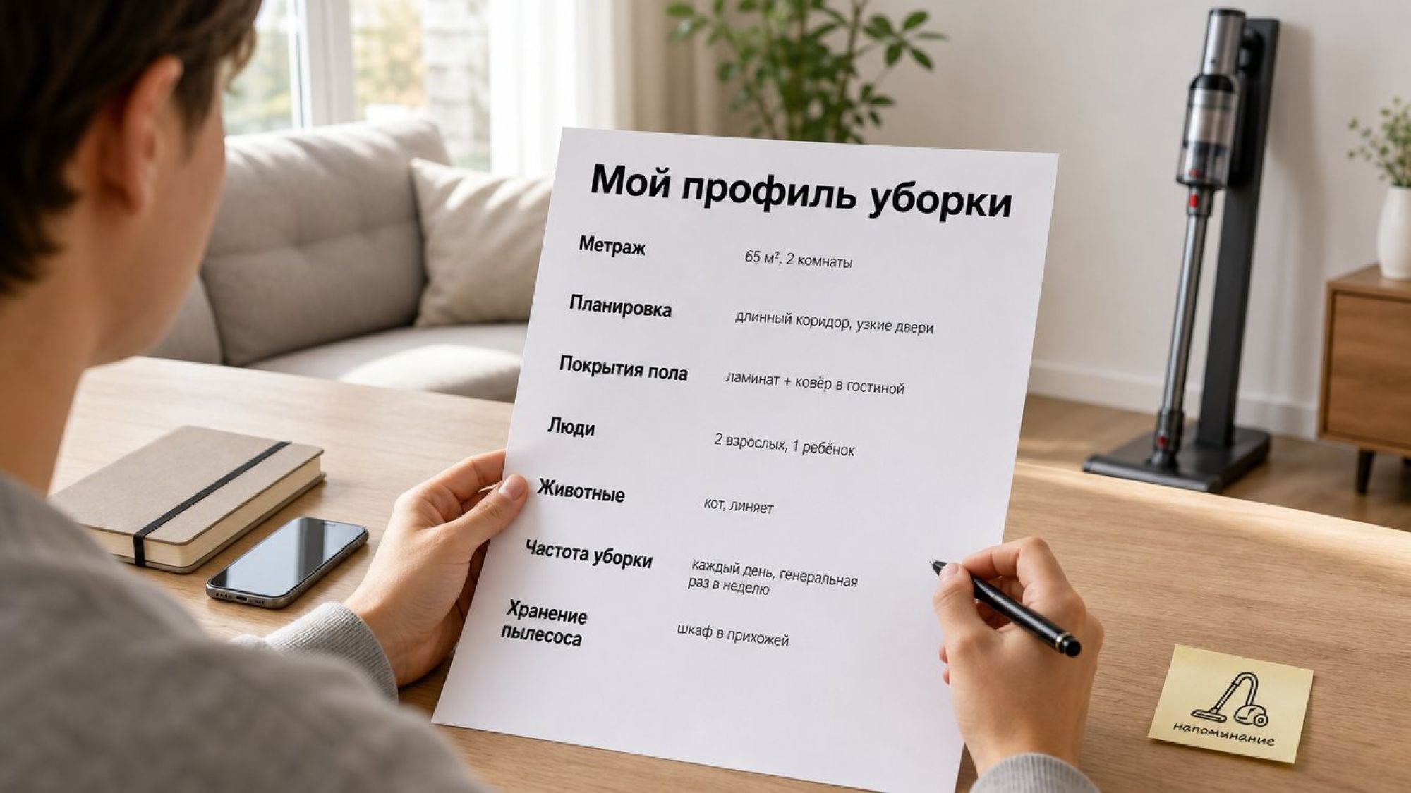 Современная аккуратная иллюстрация: человек сидит за столом в светлой комнате и заполняет лист с заголовком крупным шрифтом в верхней части: «Мой профиль уборки». На листе виден