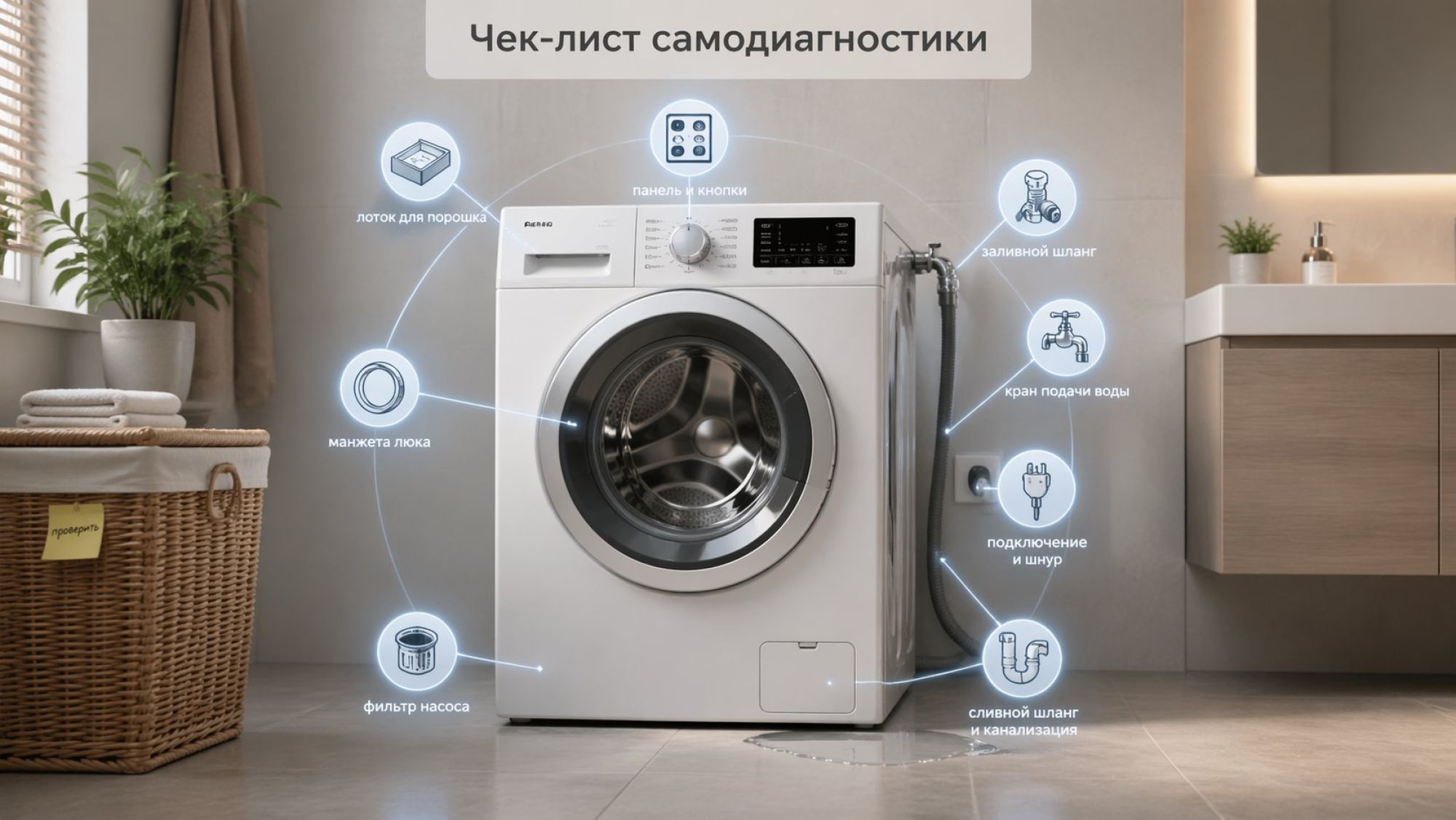 Современная аккуратная ванная комната в спокойных тонах, в центре — фронтальная стиральная машина. Вокруг машины по кругу расположены небольшие светящиеся иконки‑зоны осмотра с