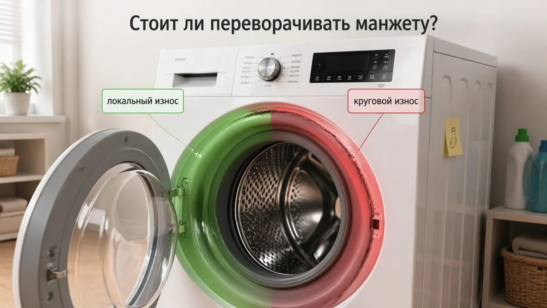 Современная стиральная машина в легком изометрическом ракурсе, люк открыт. На переднем плане крупным планом видна манжета люка: часть резины подсвечена зеленым, часть — красным