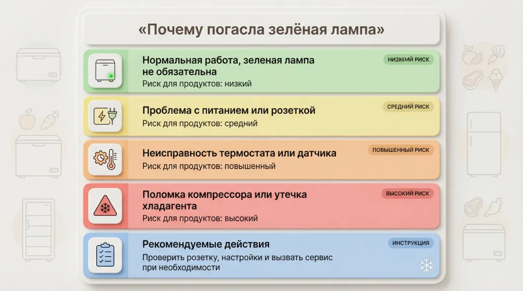Инфографика на светлом фоне, в центре крупная вертикальная колонка‑таблица с заголовком сверху: крупный текст «Почему погасла зелёная лампа». Таблица разделена на 5 горизонтальных