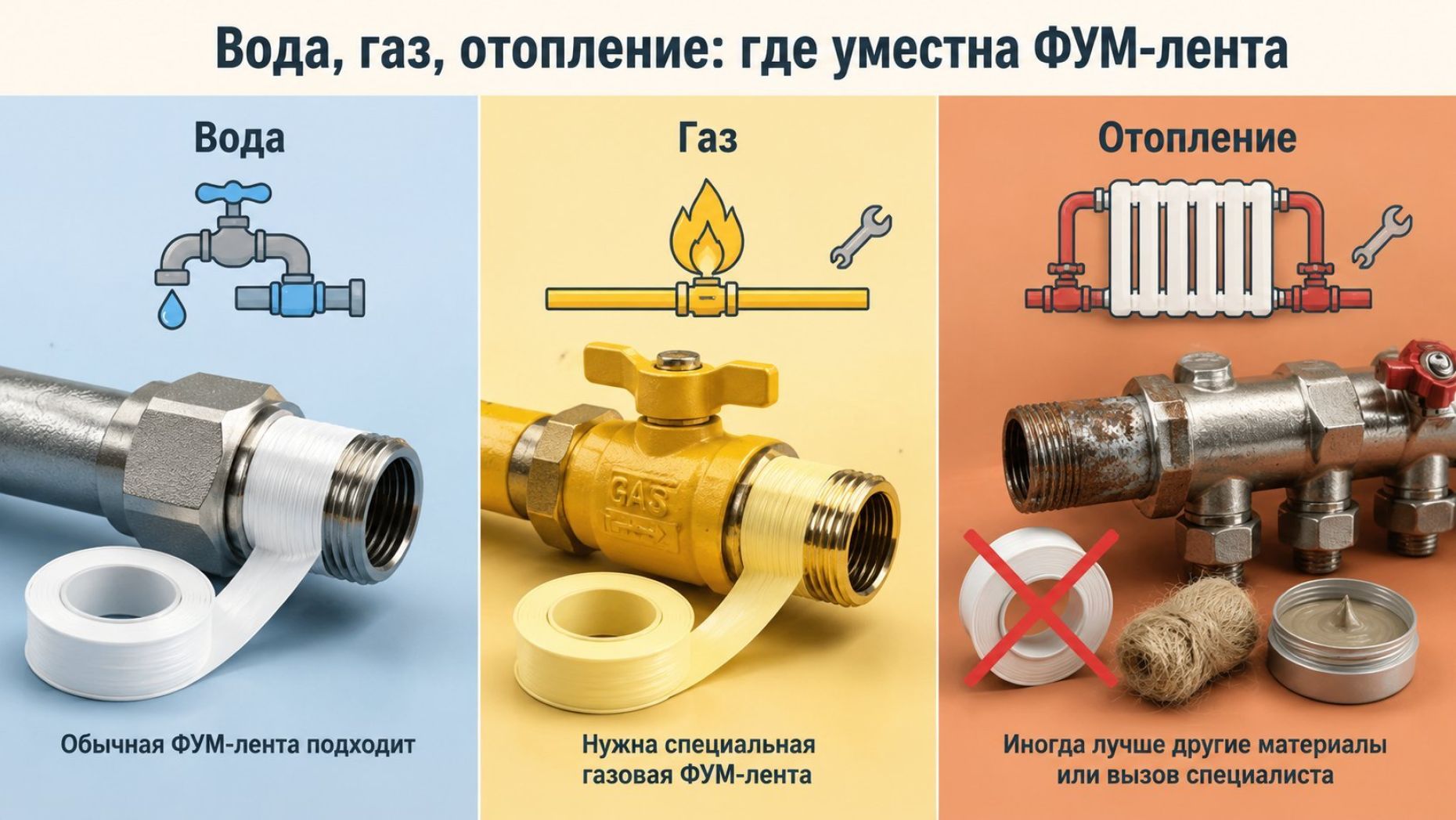 Современная, чистая схема-триптих на светлом фоне с крупным заголовком сверху по центру: «Вода, газ, отопление: где уместна ФУМ‑лента». Полотно разделено на три вертикальные зоны