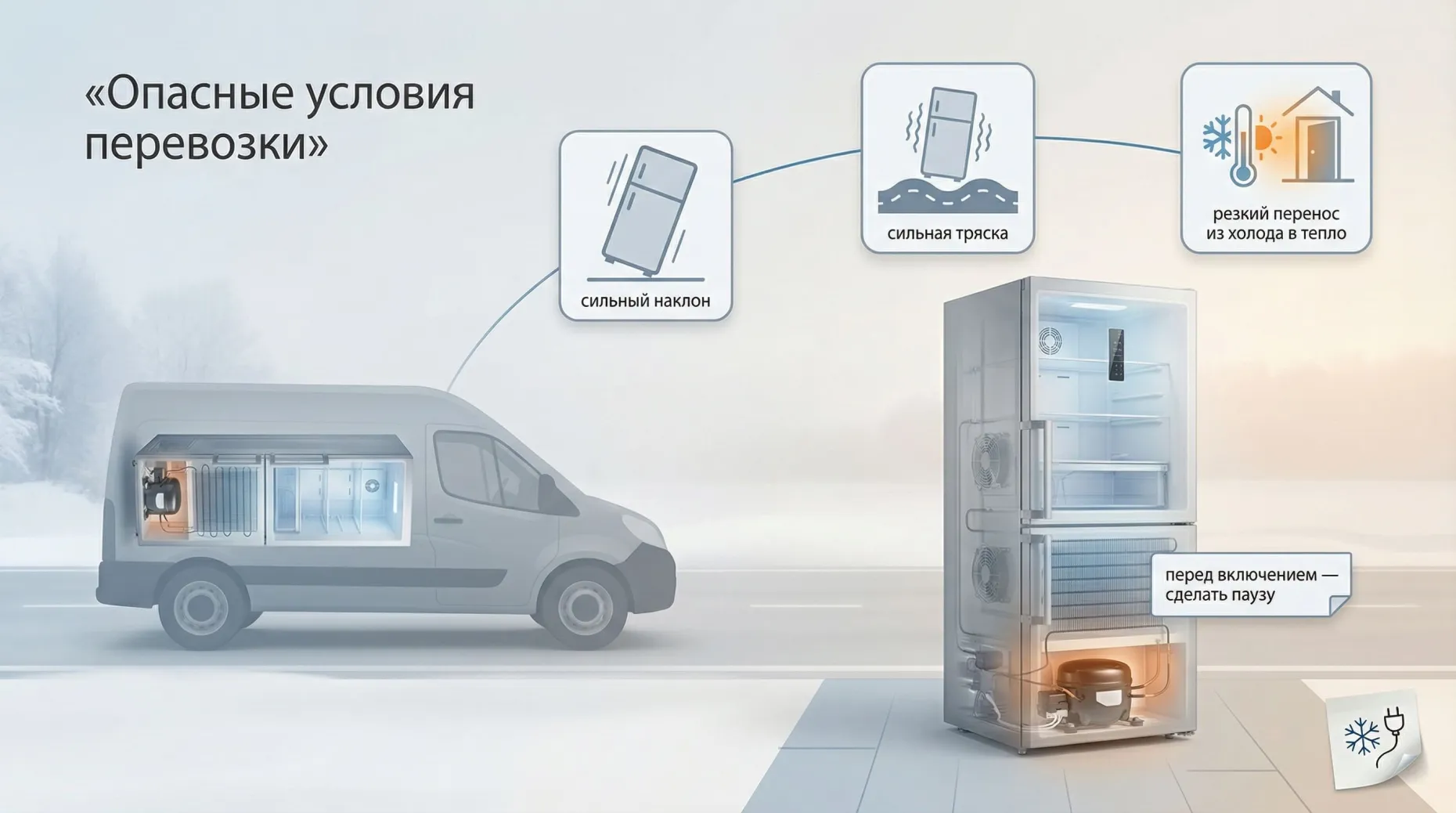 Современный холодильник изображен в полупрозрачном разрезе на фоне условной дороги. Левая часть сцены: силуэт фургона, внутри которого холодильник лежит на боку; над фургоном