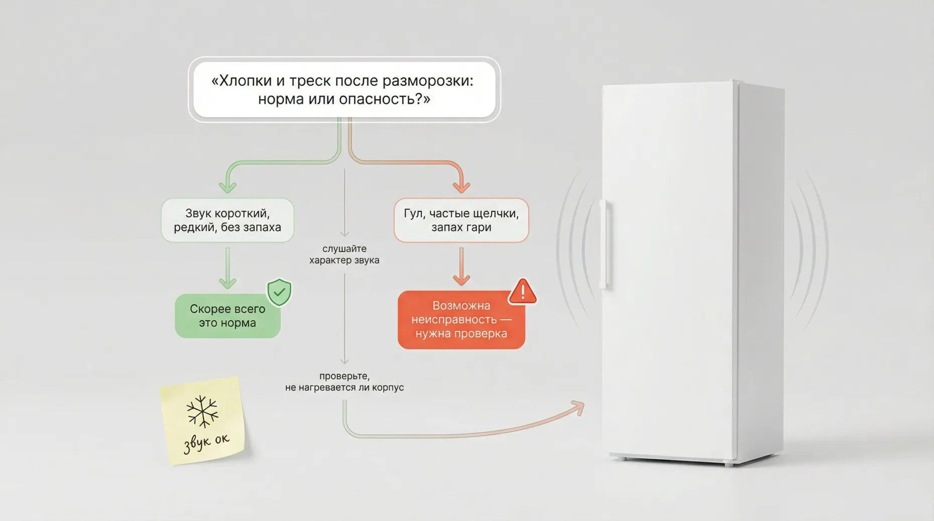Инфографика в виде вертикального «дерева решений» для звуков после разморозки морозилки. Фон светлый, справа упрощённый силуэт морозильной камеры без логотипов, слева крупная