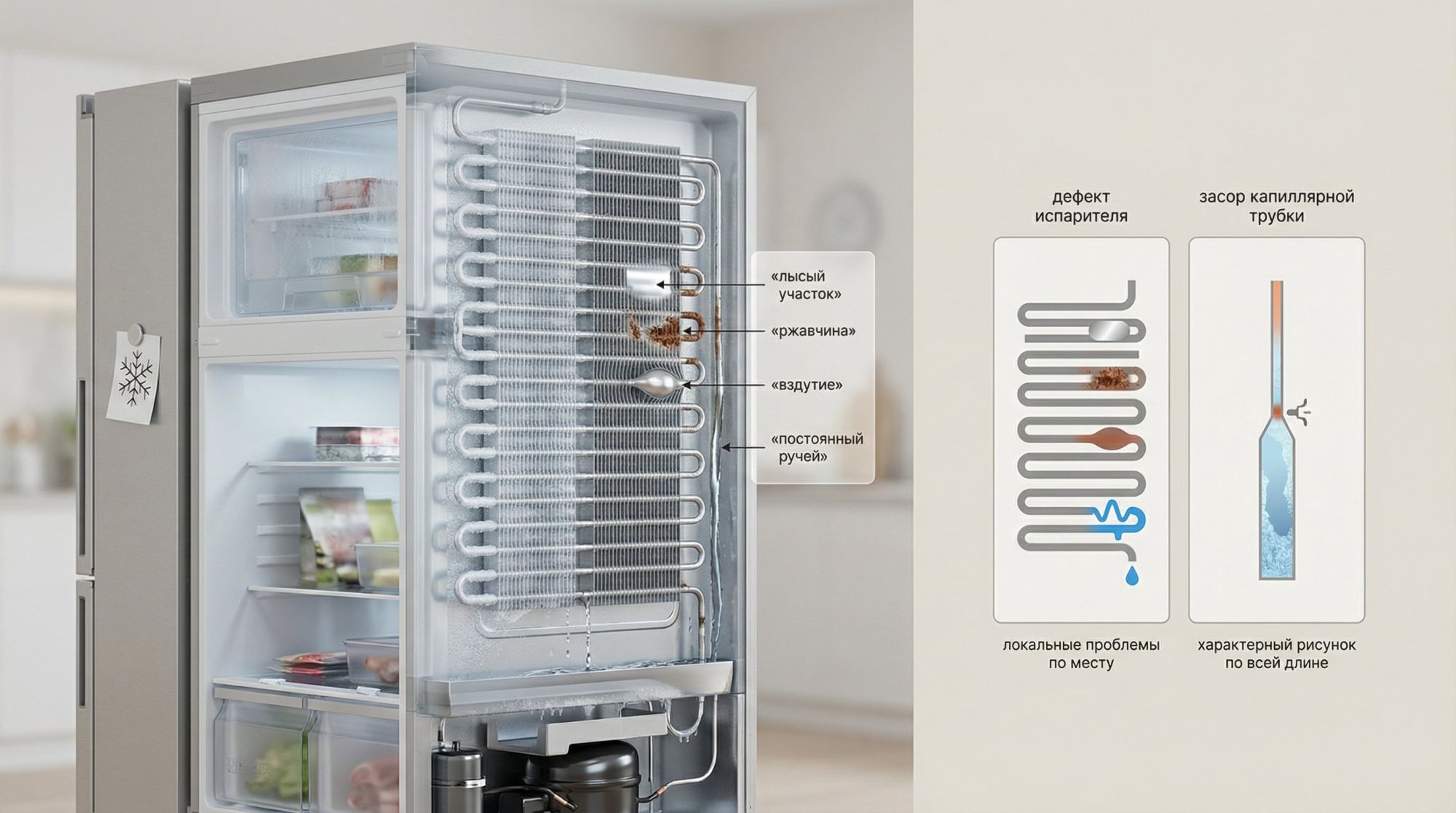 Современный бытовой холодильник в разрезе, вид сбоку, на нейтральном светлом фоне. Левая половина изображения показывает морозильную камеру с частично прозрачными стенками, чтобы