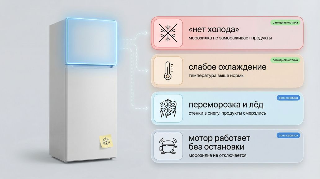 Инфографика на светлом фоне: спереди схематичный холодильник с выделенной морозильной камерой (подсвечена более ярким контуром). Справа от морозилки вертикально расположены четыре