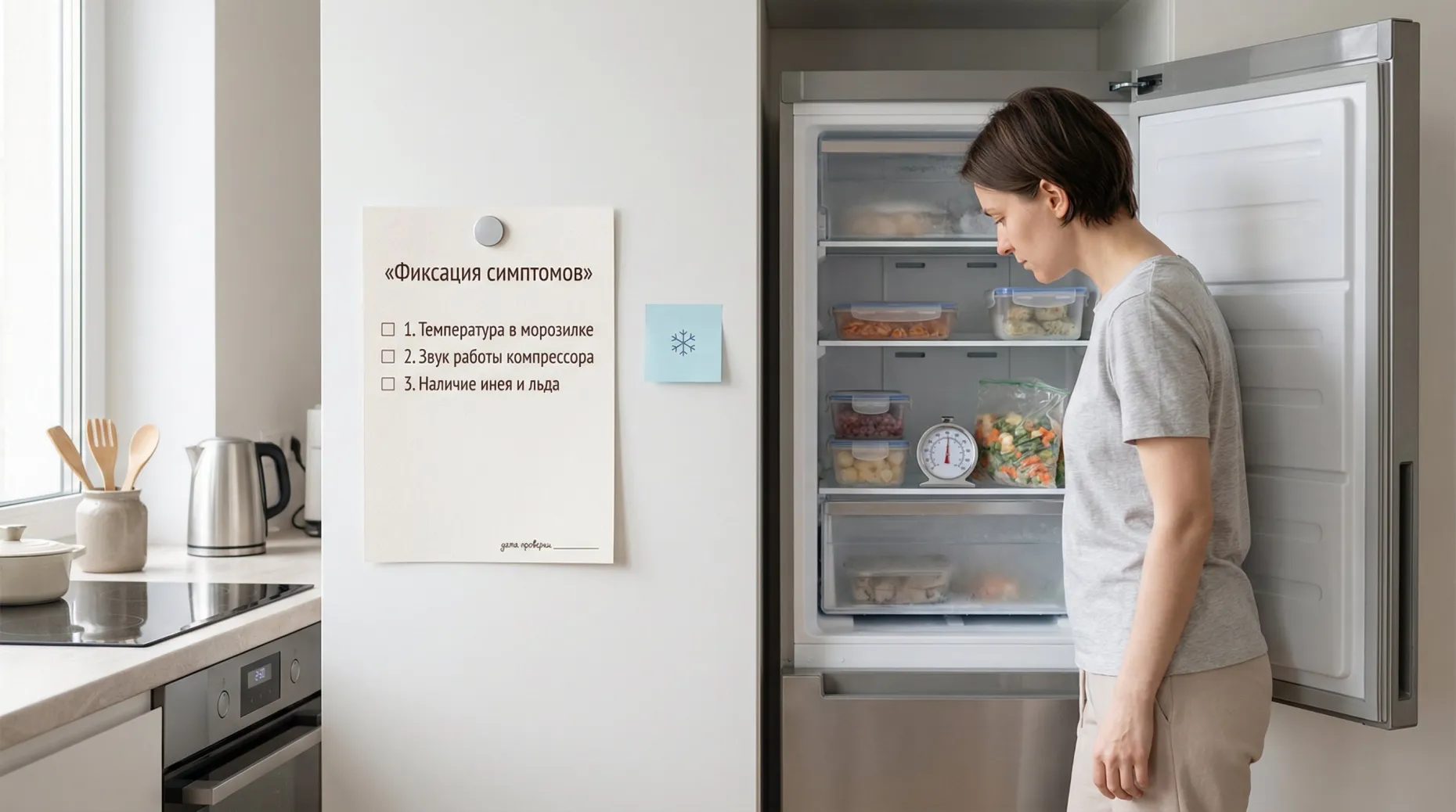 Современная кухня в нейтральных тонах, на переднем плане человек в домашней одежде внимательно осматривает морозильную камеру. Дверца морозилки настежь открыта, внутри видны