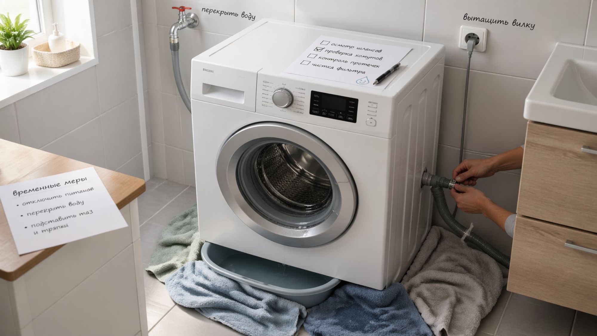 Современная ванная комната, в центре — стиральная машина в момент вынужденной остановки. Машина слегка сдвинута от стены, в розетку не включена: над розеткой небольшая надпись
