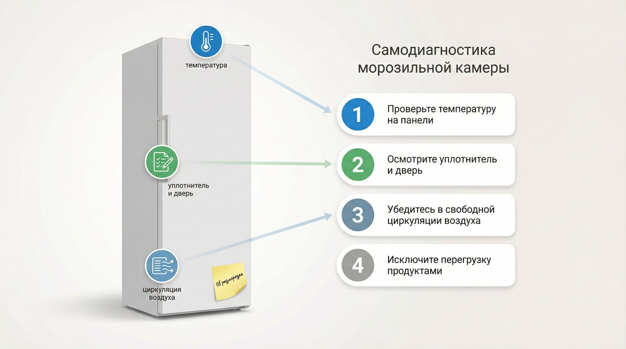 Инфографика в виде вертикального чек-листа «Самодиагностика морозильной камеры» на светлом фоне. Слева стилизованный силуэт морозилки в современном минималистичном стиле, у