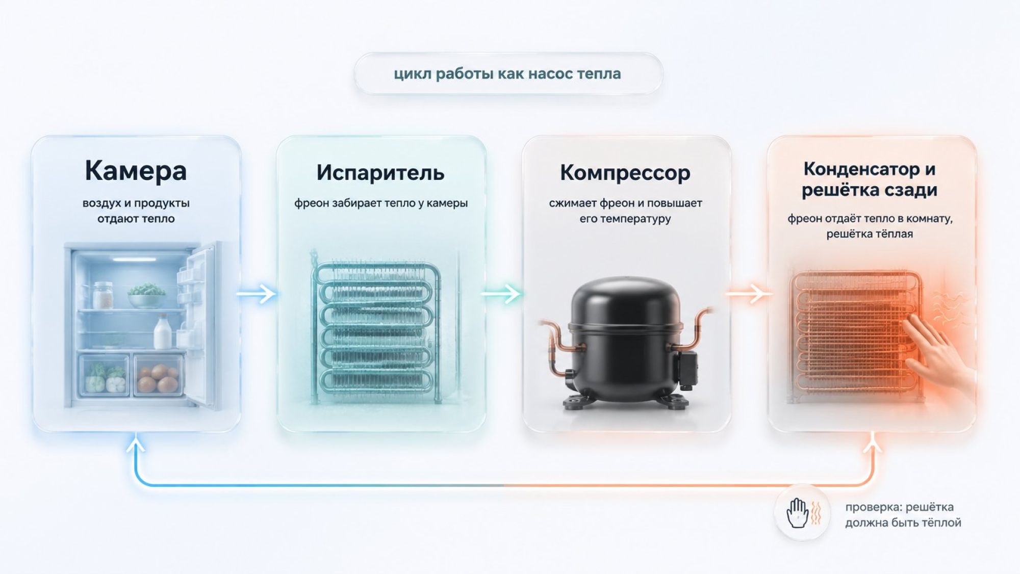 Чистая плоская схема на светлом фоне, без лишних деталей. По центру горизонтально расположены четыре крупных прямоугольника, соединённых стрелками по кругу. Слева направо: первый