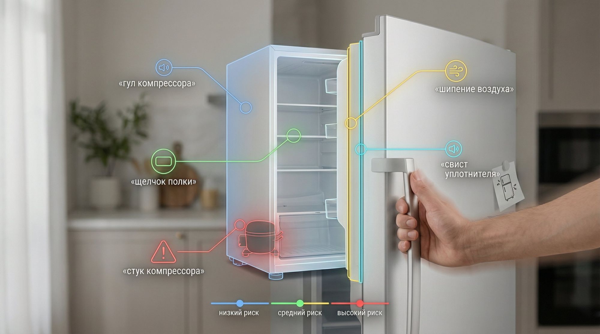 Горизонтальная иллюстрация‑сцена: на переднем плане современный холодильник в нейтральной кухне, дверца только что прикрыта, рука человека еще видна у ручки. Вокруг холодильника —