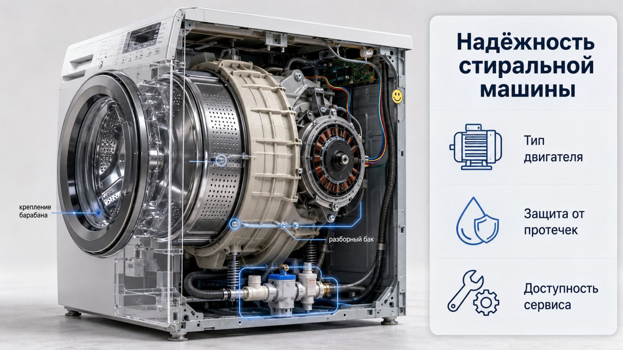 Современная стиральная машина в разрезе на светлом фоне, показаны ключевые узлы, влияющие на надёжность. Справа крупный вертикальный блок с заголовком вверху крупным шрифтом