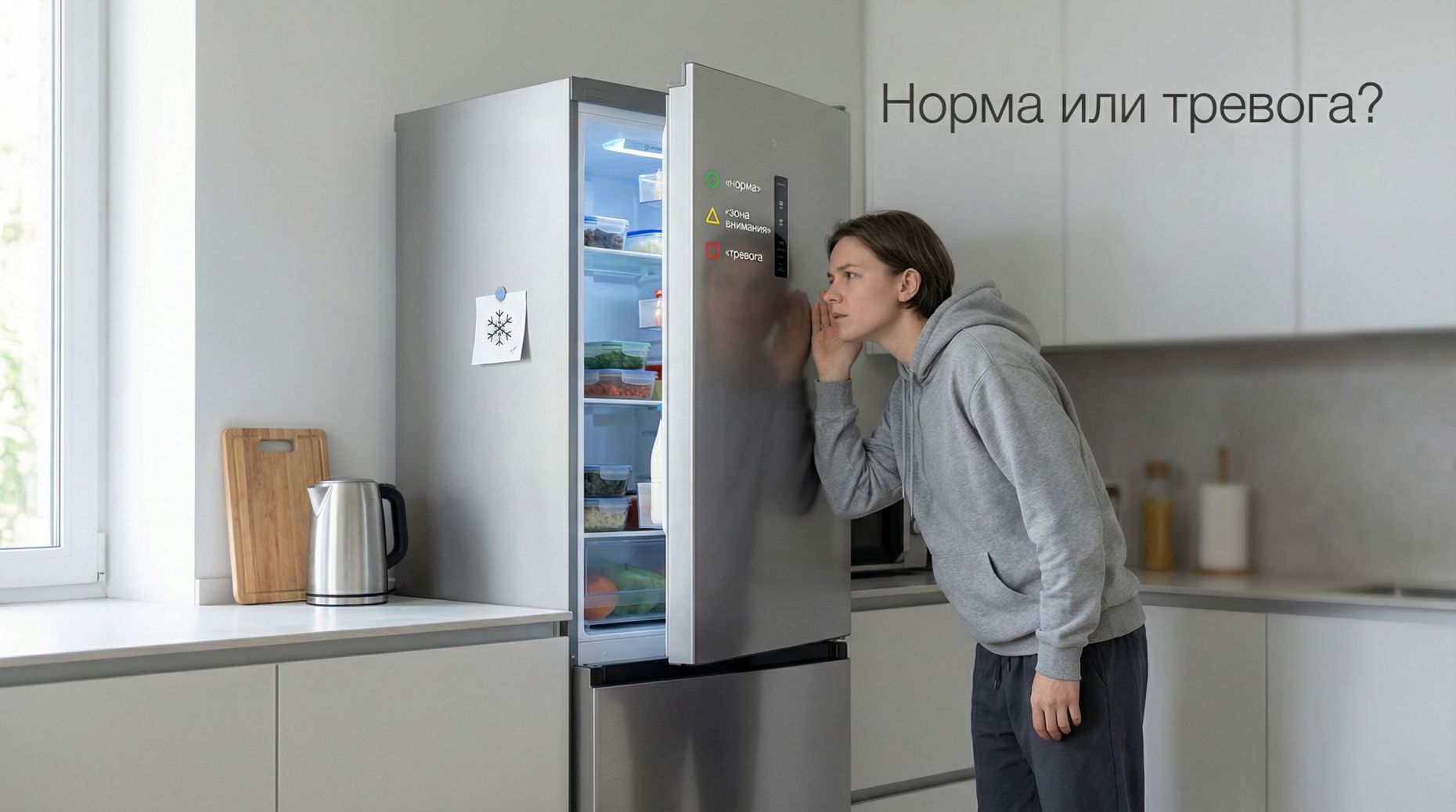 Современная аккуратная кухня в нейтральных тонах, в центре — высокий холодильник No Frost в полуоткрытом виде. На переднем плане — человек в домашней одежде, слегка наклонившись