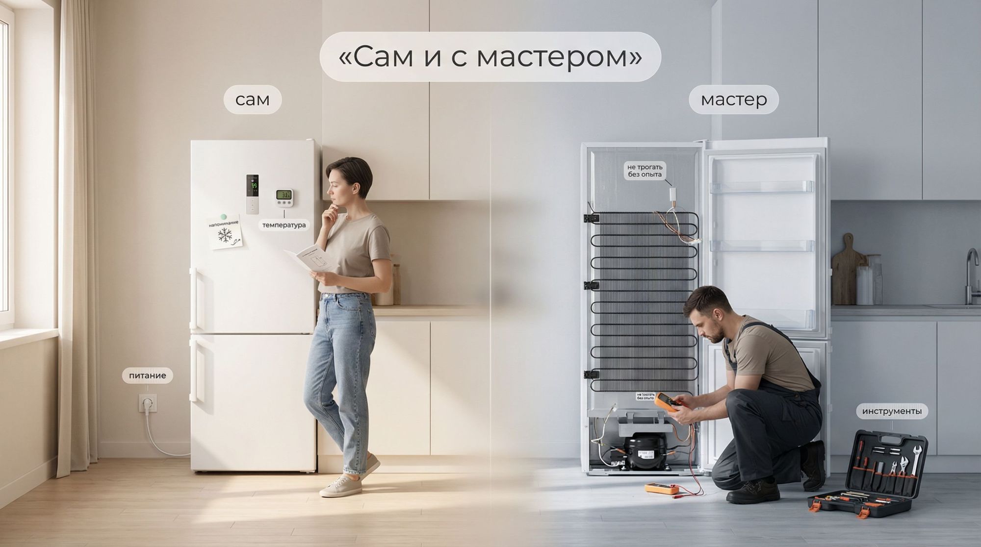 Горизонтальная иллюстрация, разделённая визуально на две мягкие зоны без жёсткой линии: слева «САМ», справа «МАСТЕР». В центре сверху крупный заголовок: «Сам и с мастером». Левая