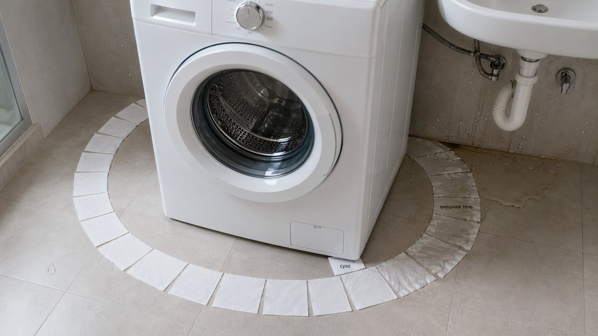 Современная ванная комната сверху под небольшим углом. В центре — стиральная машина, вокруг нее на полу ровным кольцом разложены полосы белой бумаги. Некоторые листы у стены и под